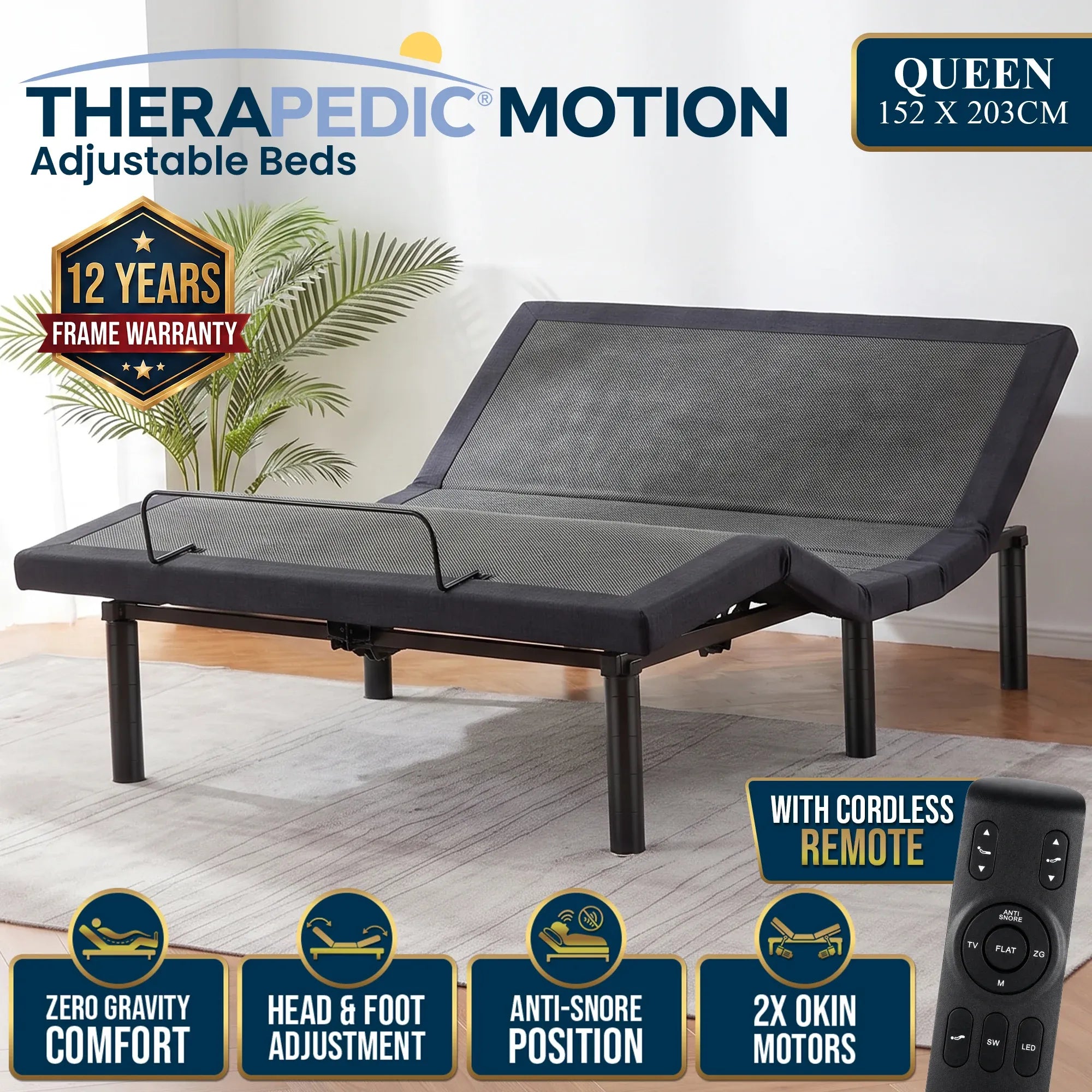Therapedic Motion Adjustable Queen Bed Base with Wireless Remote