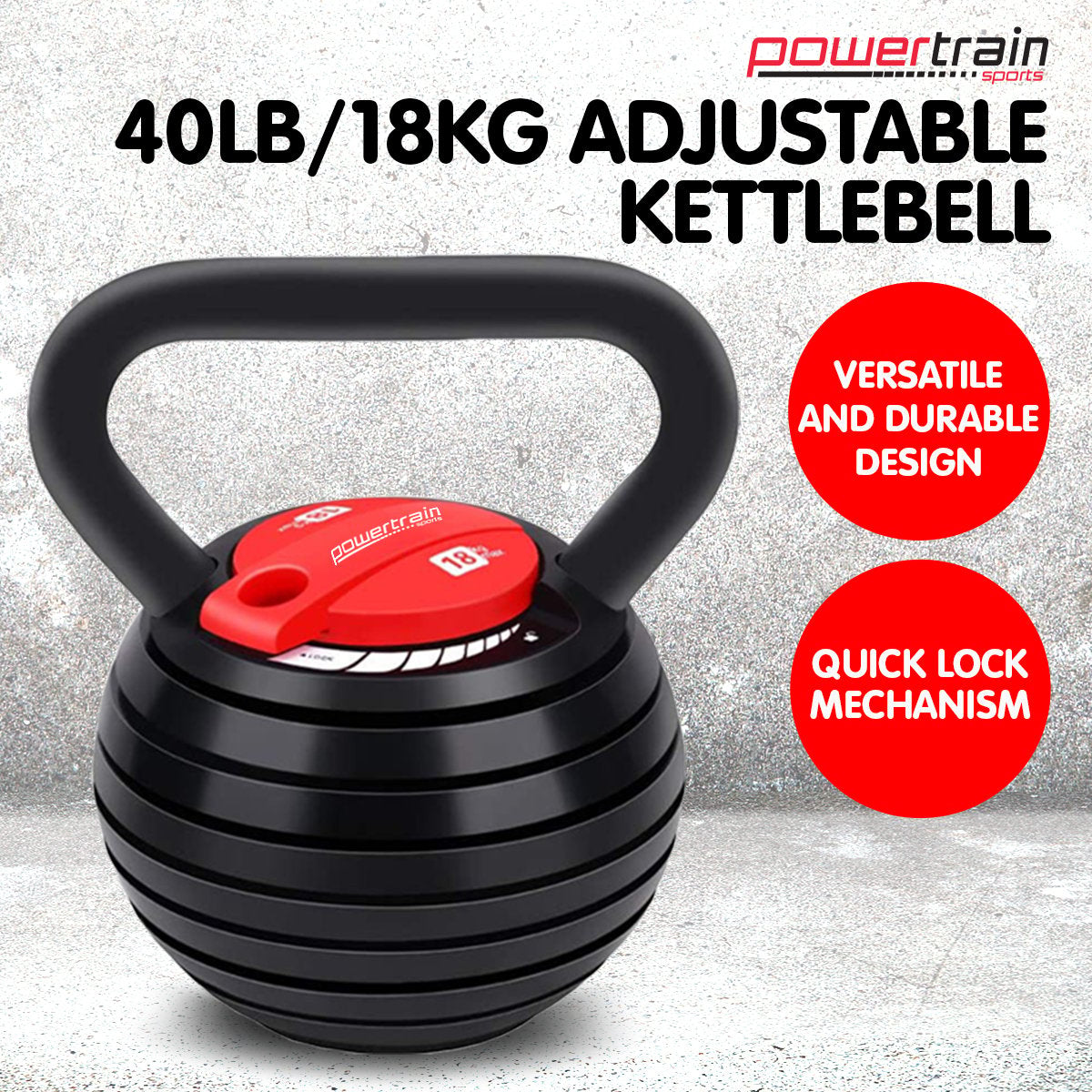 18kg Adjustable Kettlebell Quick-Lock Durable Design Powertrain