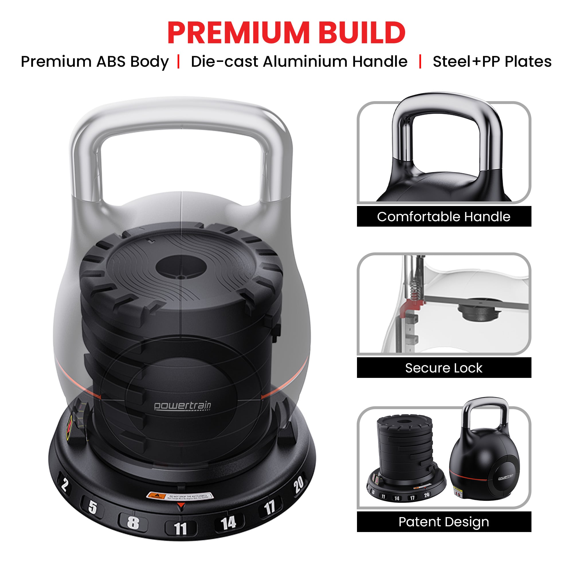 Powertrain 40kg Adjustable Kettlebell One Hand Adjustment Weight Set