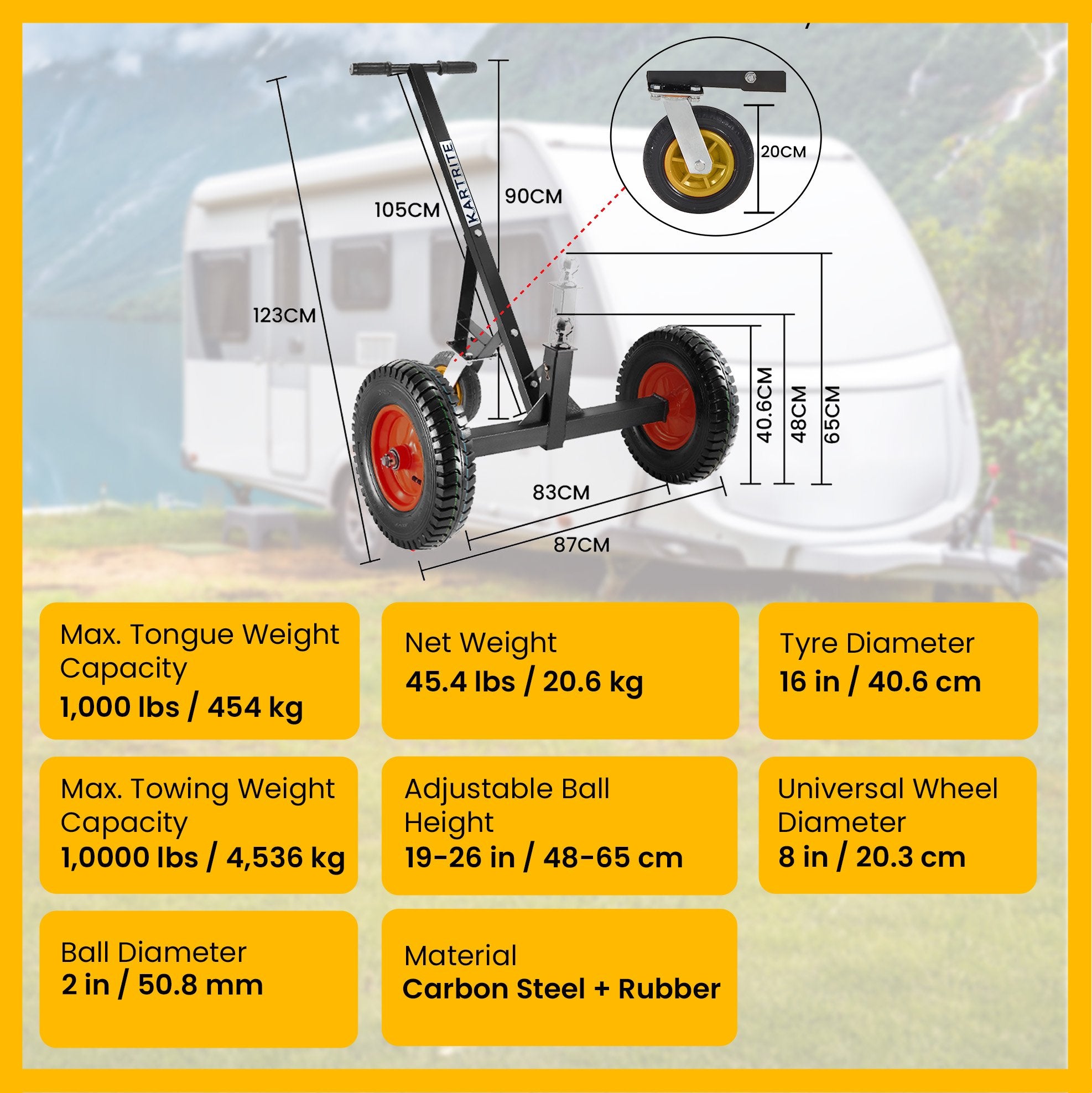 Kartrite 3-Wheel Adjustable Trailer Dolly Heavy Duty Caravan Mover 1000 lbs Tongue Capacity Durable Transport Solution