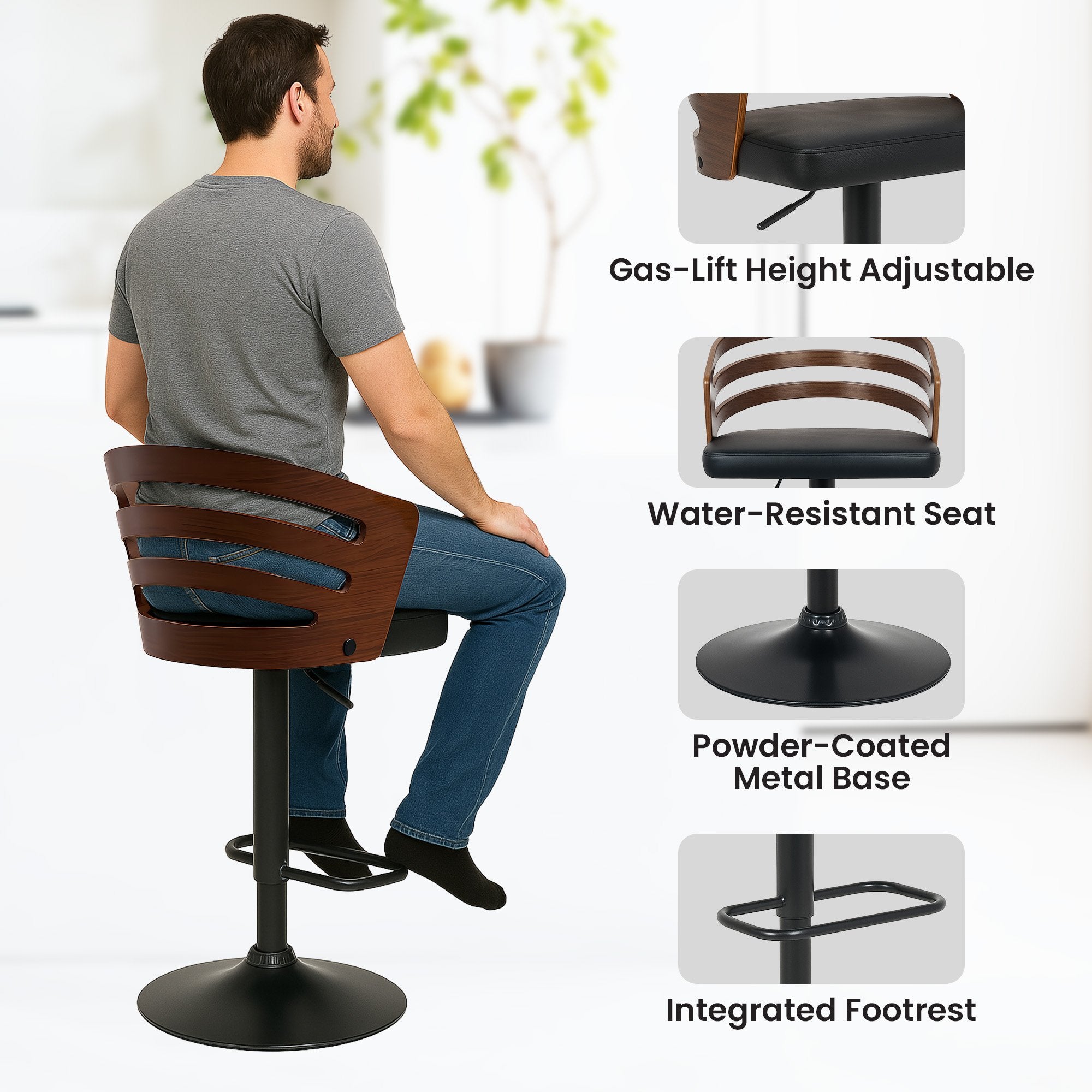 Sarantino Bentwood Barstool Leather Seat Walnut Metal Base