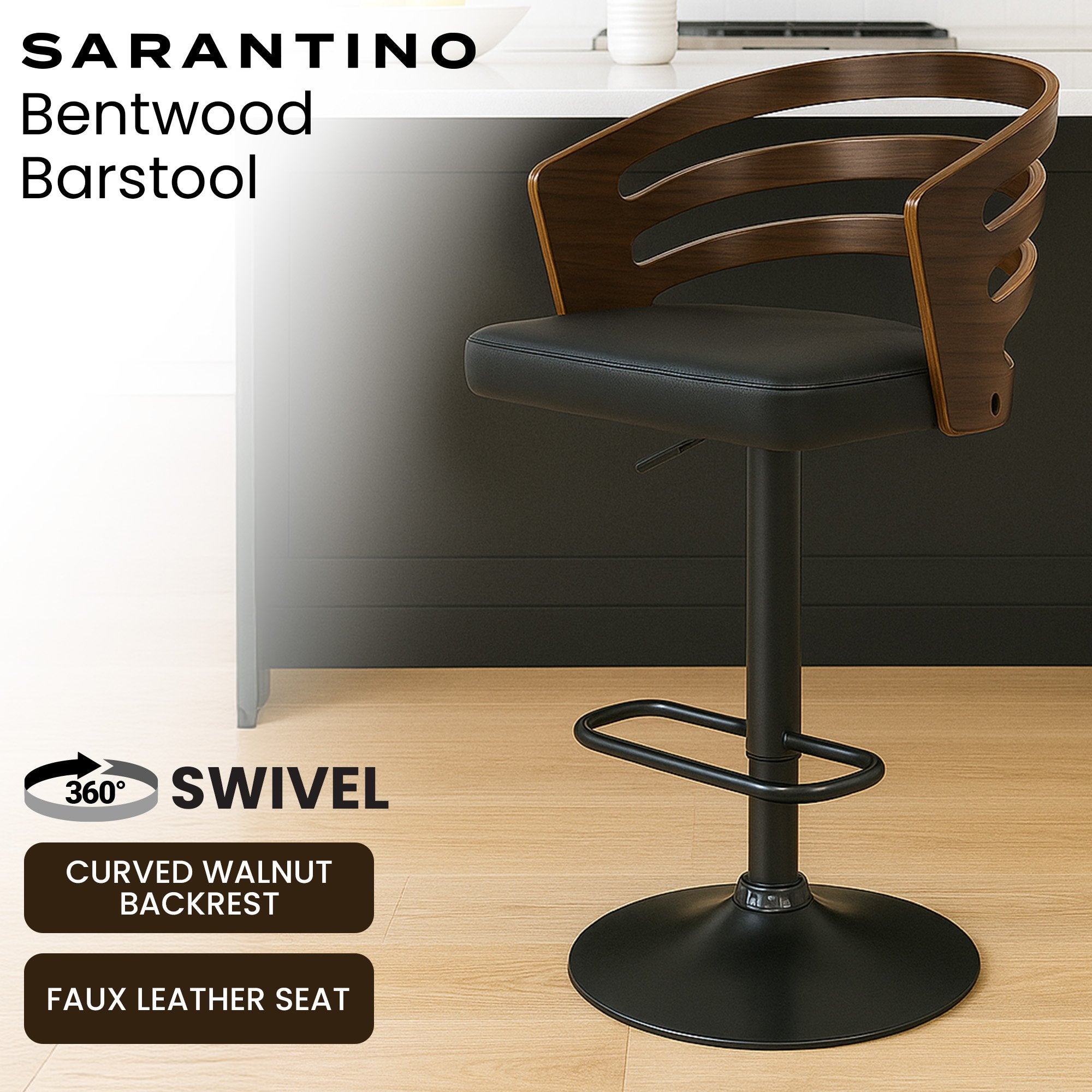 Sarantino Bentwood Barstool Leather Seat Walnut Metal Base