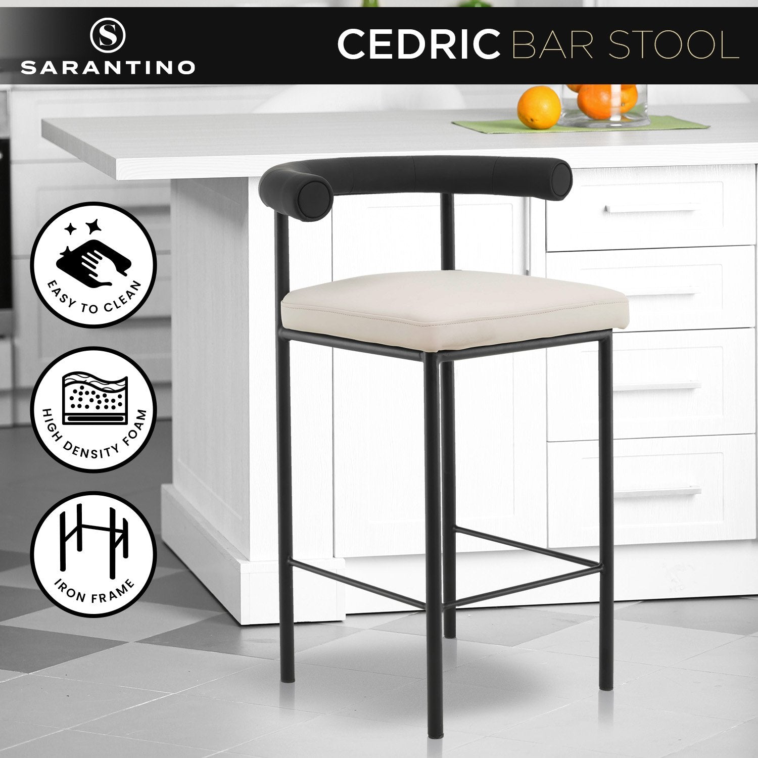 High-Density Foam PU Leather Bar Stool, Iron Frame - Sarantino