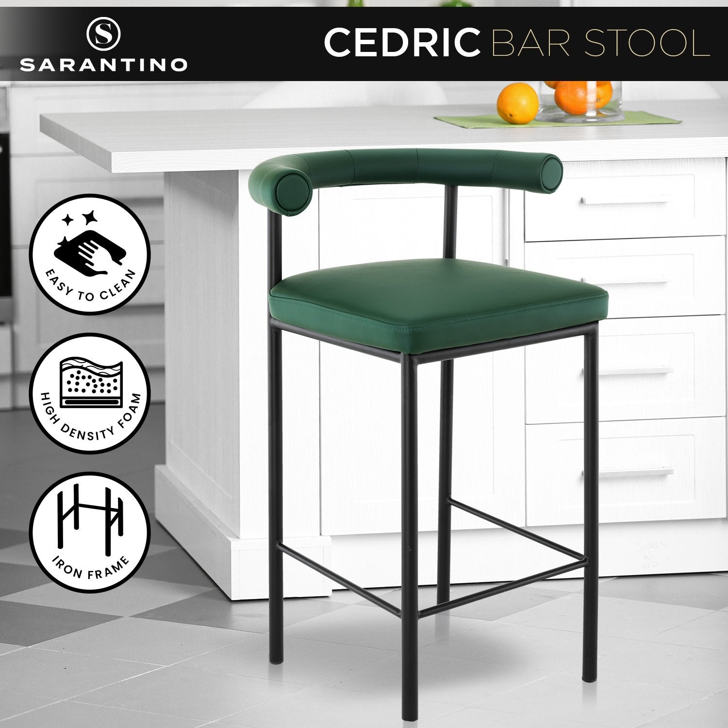 Green PU Leather Bar Stool, High-Density Foam, Iron Frame