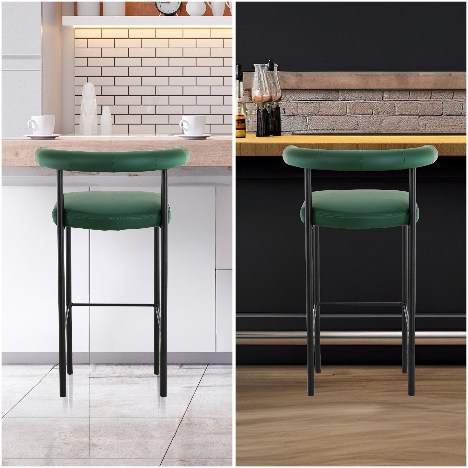 Green PU Leather Bar Stool, High-Density Foam, Iron Frame