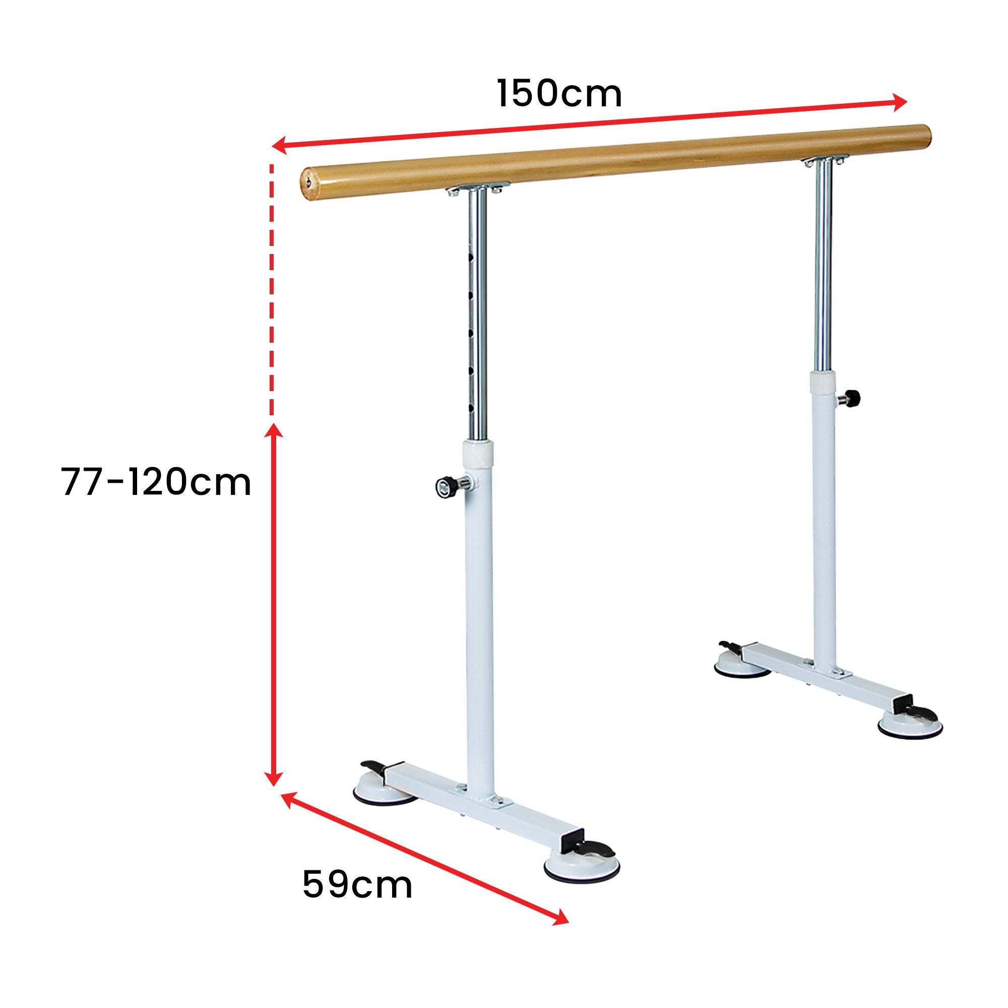 Adjustable Pine Ballet Barre with Steel Legs, 1.5m - Powertrain