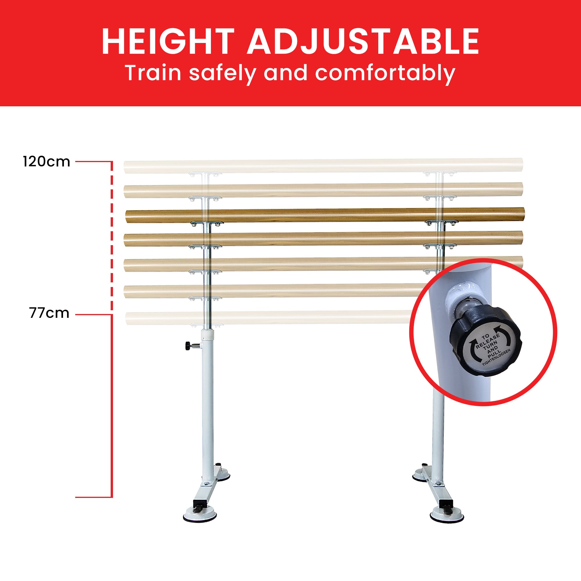 Adjustable Pine Ballet Barre with Steel Legs, 1.5m - Powertrain