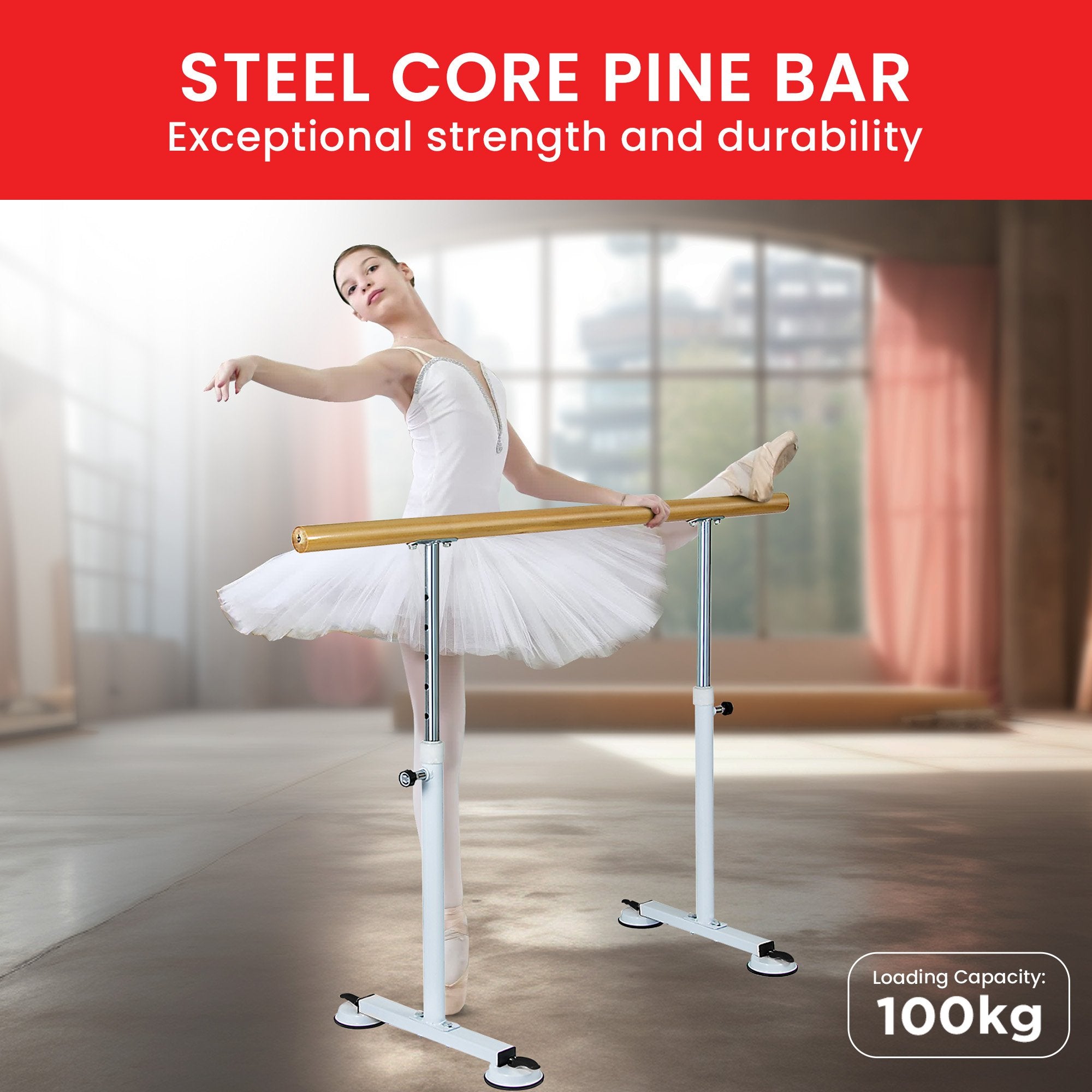 Adjustable Pine Ballet Barre with Steel Legs, 1.5m - Powertrain