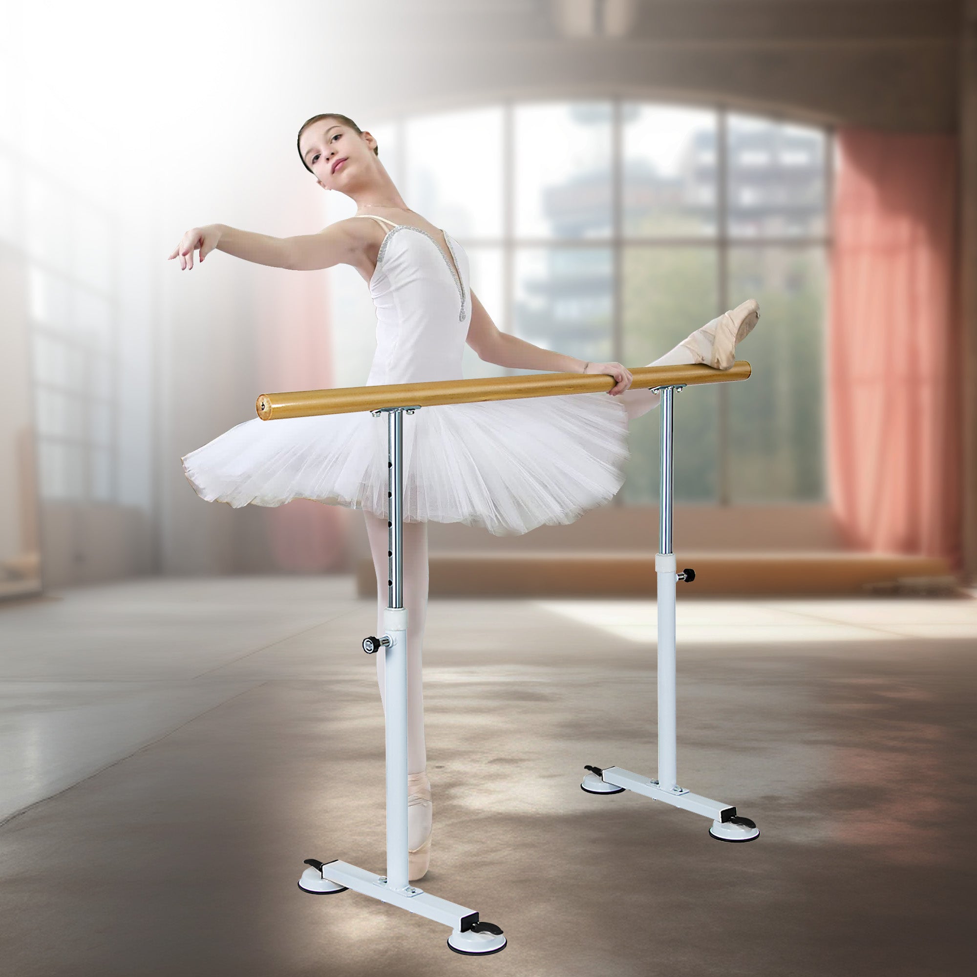 Adjustable Pine Ballet Barre with Steel Legs, 1.5m - Powertrain