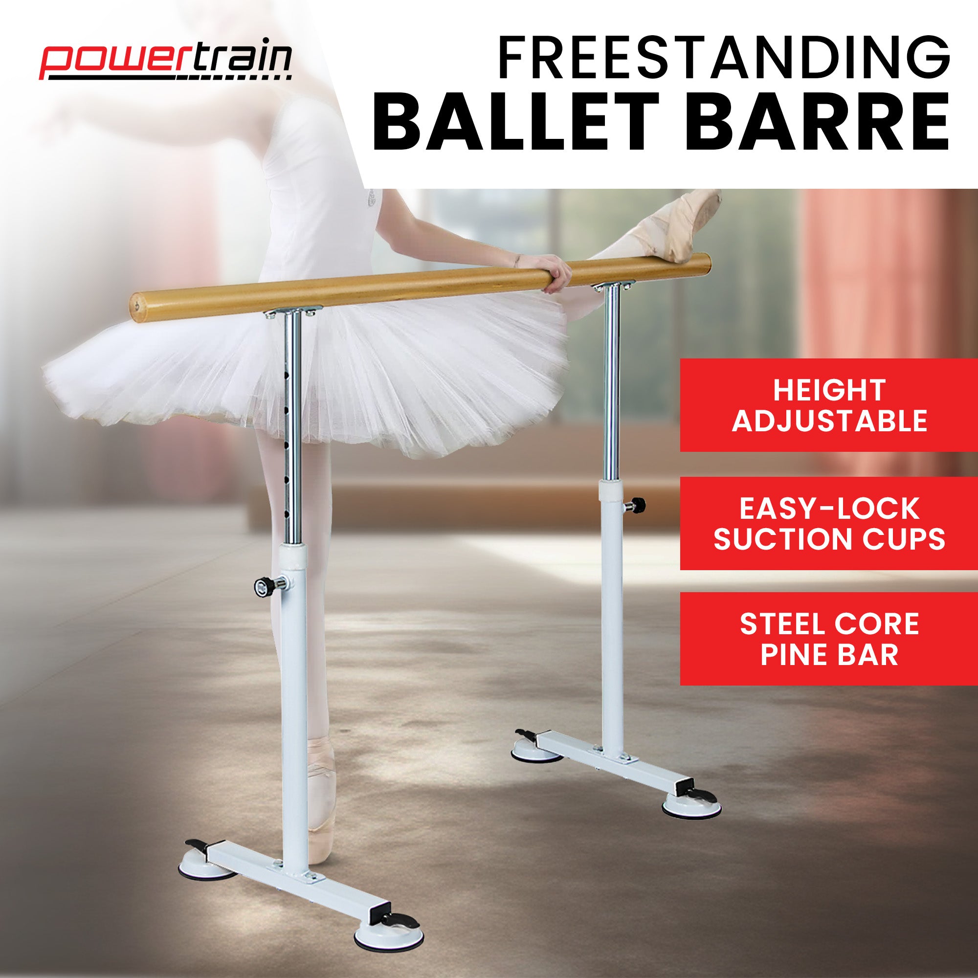 Adjustable Pine Ballet Barre with Steel Legs, 1.5m - Powertrain