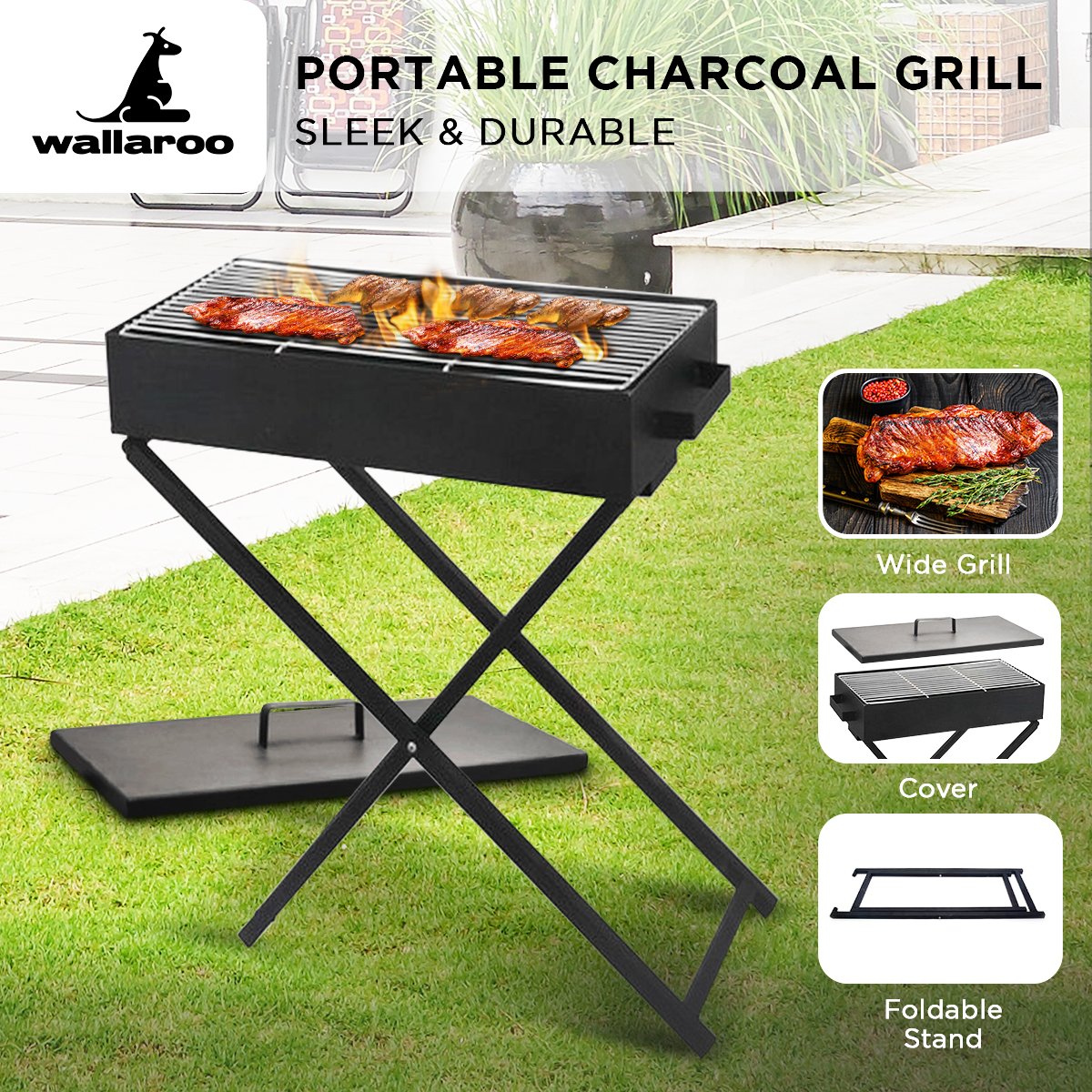 Portable Charcoal BBQ Grill - Foldable, Adjustable Height - Wallaroo