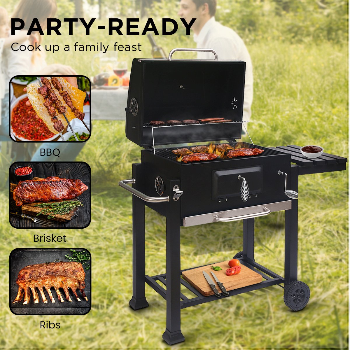 Heavy-Duty Steel Outdoor BBQ Grill w/Side Table & Vents