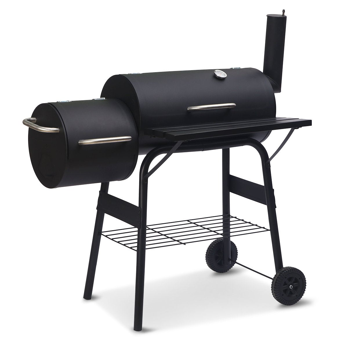 2-in-1 Steel BBQ Grill with Offset Smoker, Thermometer, Storage