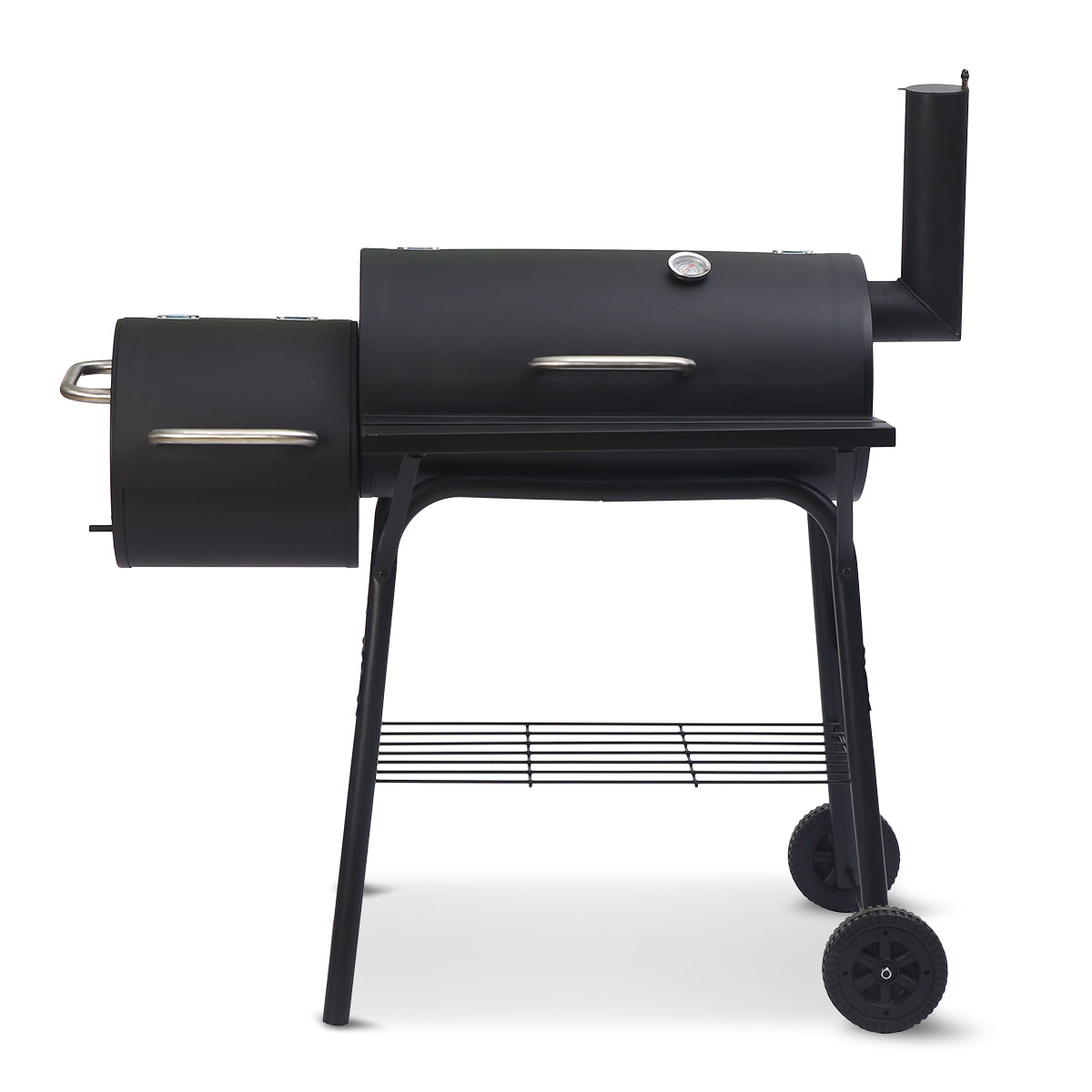 2-in-1 Steel BBQ Grill with Offset Smoker, Thermometer, Storage