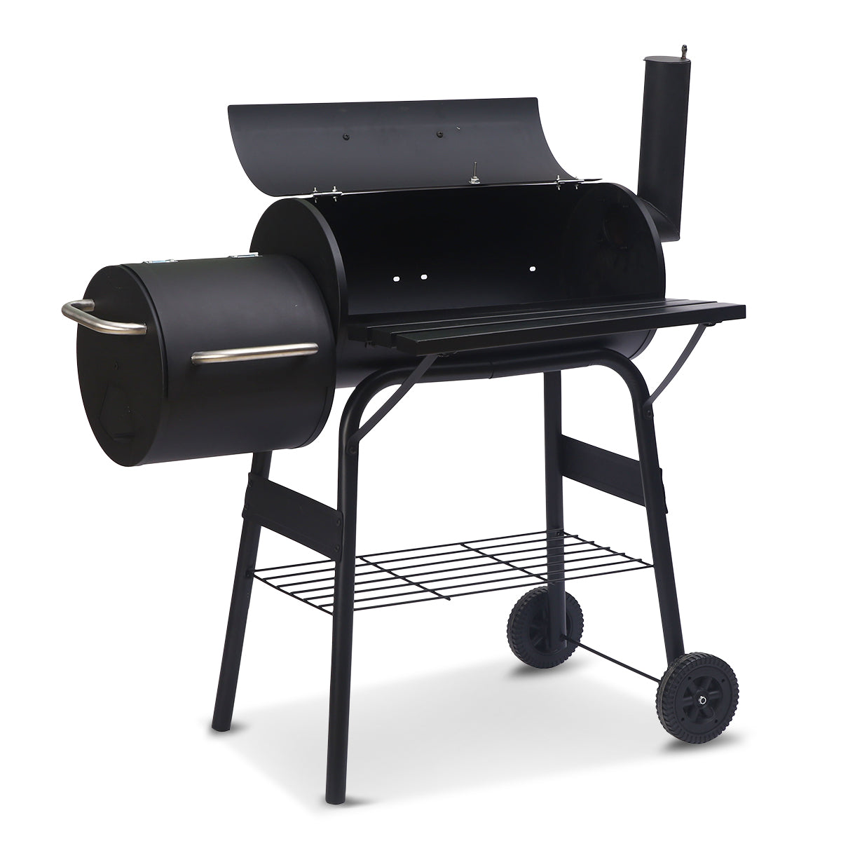 2-in-1 Steel BBQ Grill with Offset Smoker, Thermometer, Storage