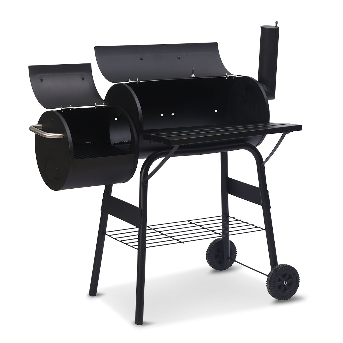 2-in-1 Steel BBQ Grill with Offset Smoker, Thermometer, Storage