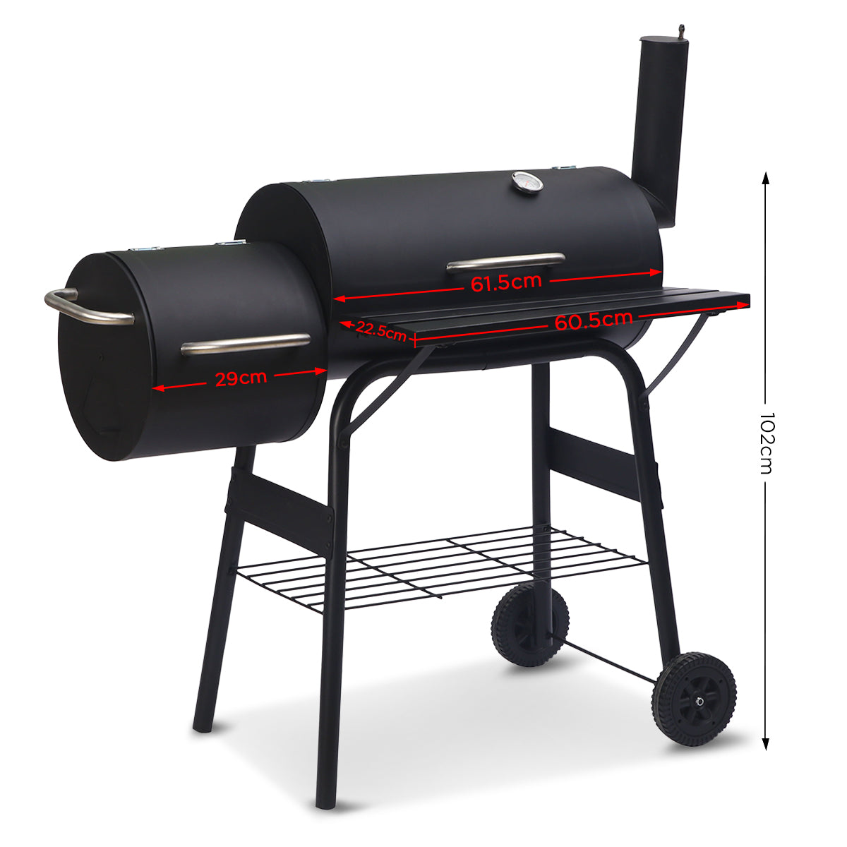 2-in-1 Steel BBQ Grill with Offset Smoker, Thermometer, Storage