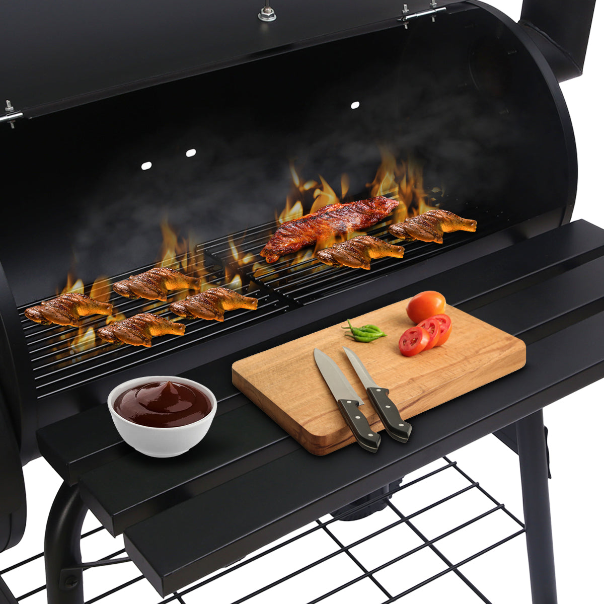 2-in-1 Steel BBQ Grill with Offset Smoker, Thermometer, Storage