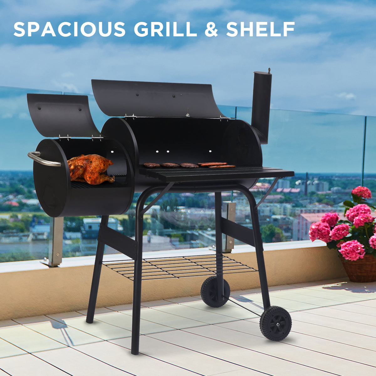 2-in-1 Steel BBQ Grill with Offset Smoker, Thermometer, Storage