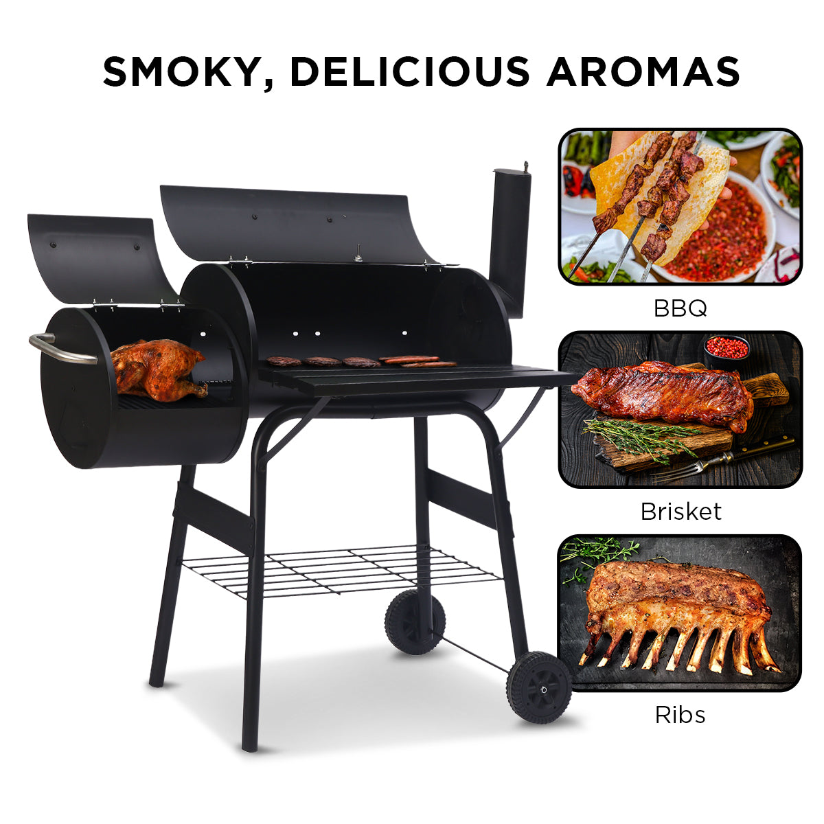 2-in-1 Steel BBQ Grill with Offset Smoker, Thermometer, Storage