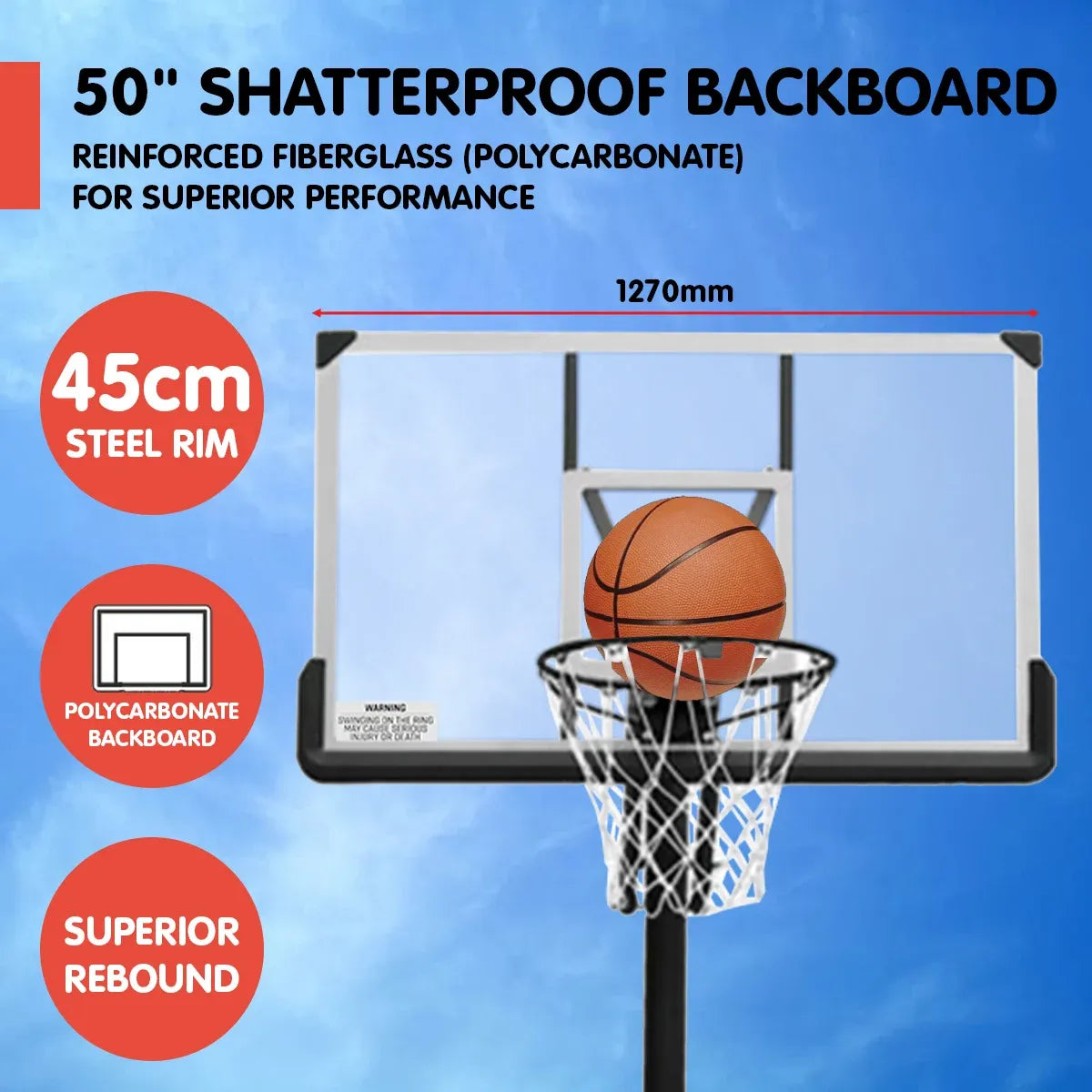 Kahuna 50 Portable Basketball Hoop System Height Adjustable 3.05m Fibreglass Backboard Outdoor Stand Kids Adults
