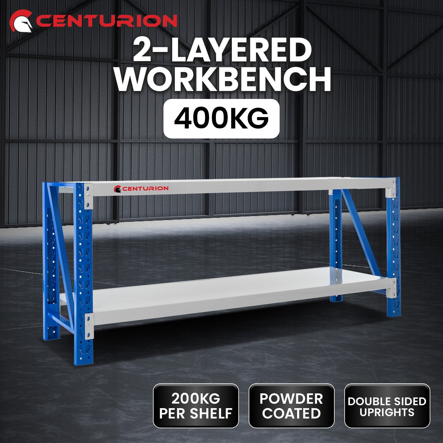 2-Layer Steel Workbench 2m 400kg Capacity Grey Blue - Centurion