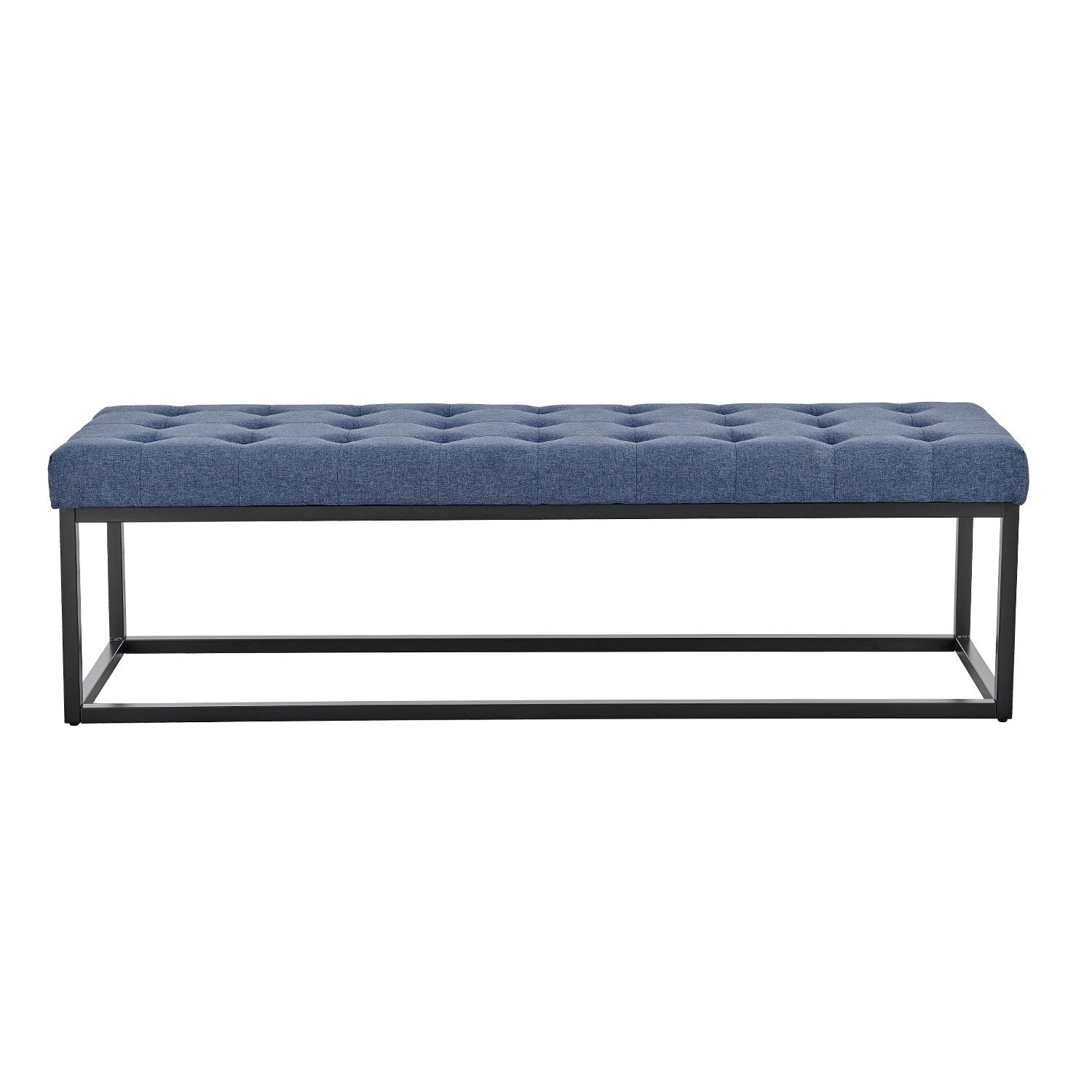 Button-Tufted Upholstered Bench, Metal Legs, Blue Linen, 149cm