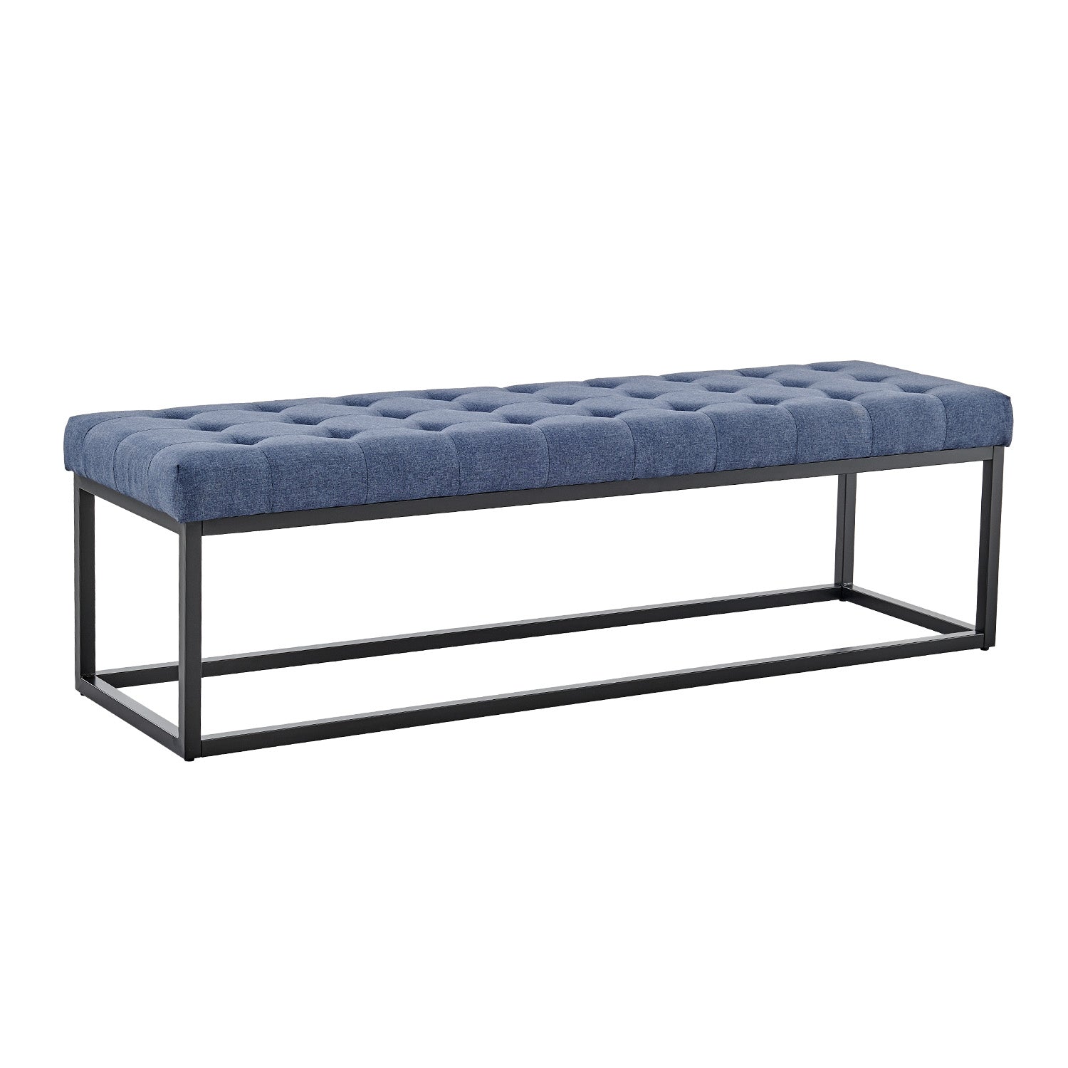 Button-Tufted Upholstered Bench, Metal Legs, Blue Linen, 149cm