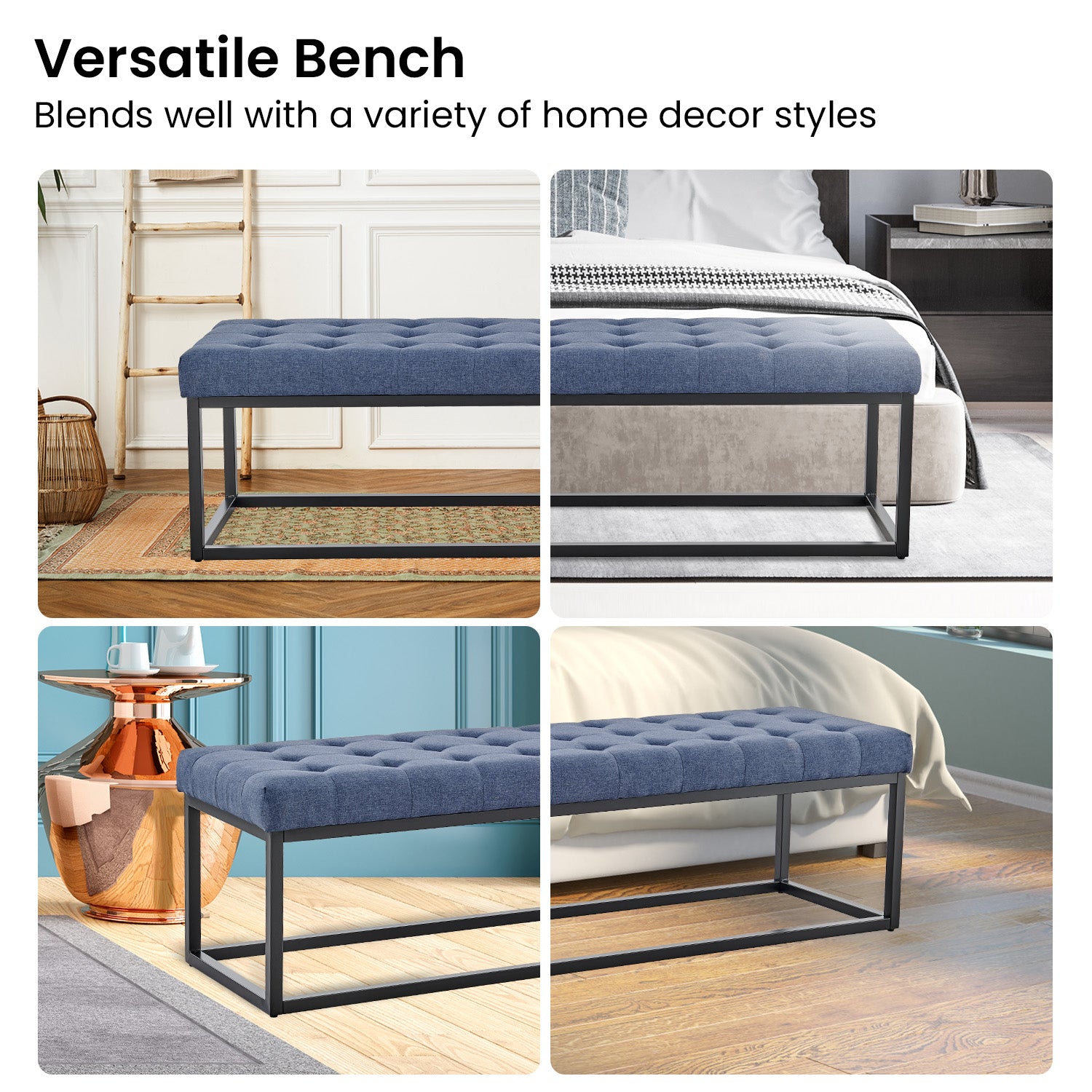 Button-Tufted Upholstered Bench, Metal Legs, Blue Linen, 149cm