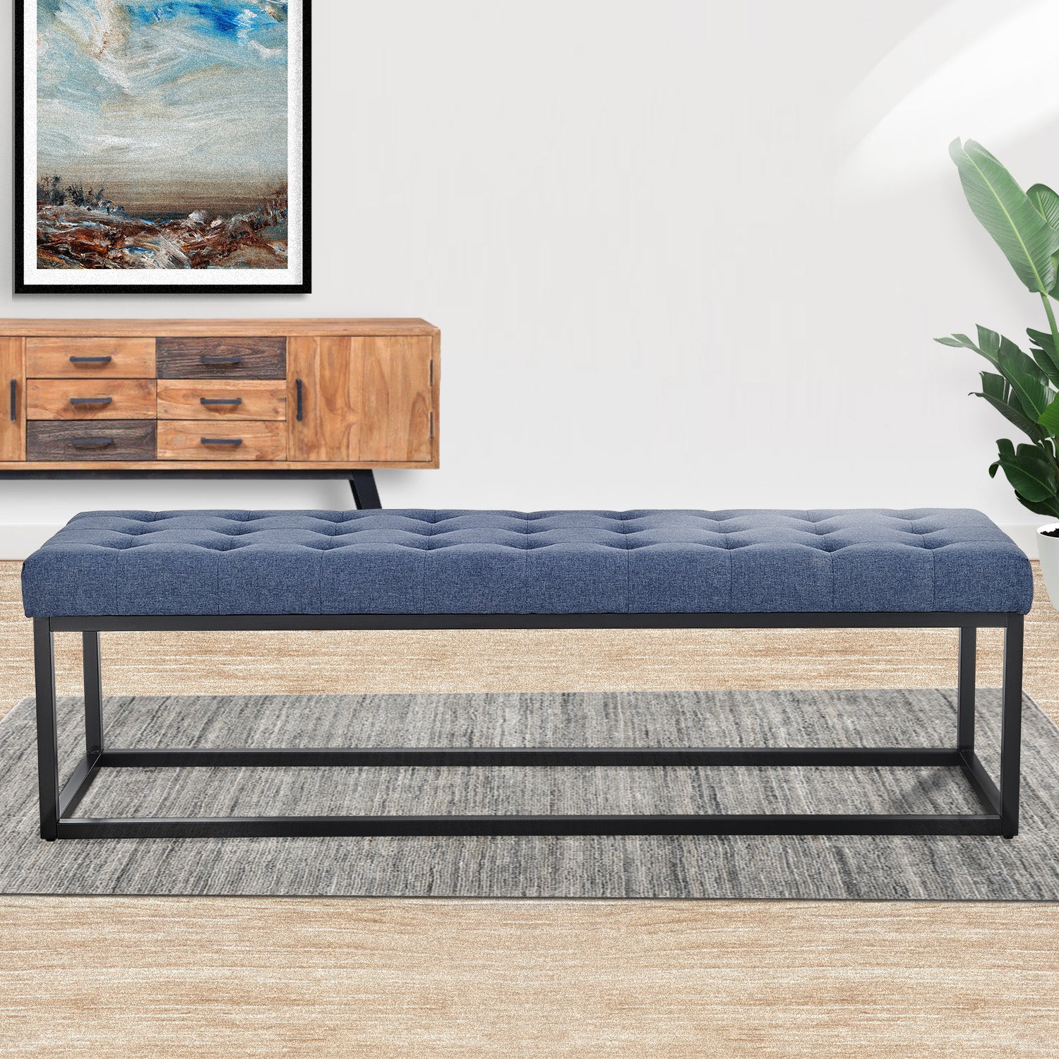 Button-Tufted Upholstered Bench, Metal Legs, Blue Linen, 149cm