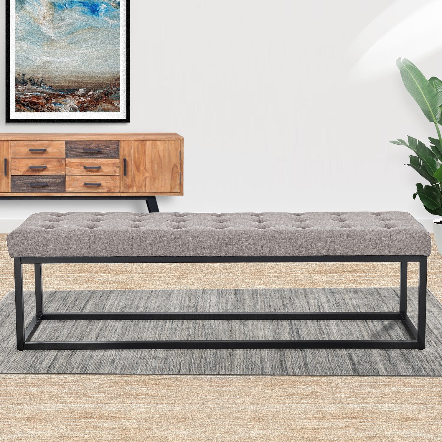 Button-tufted Upholstered Bench with Metal Legs, 149cm Wide