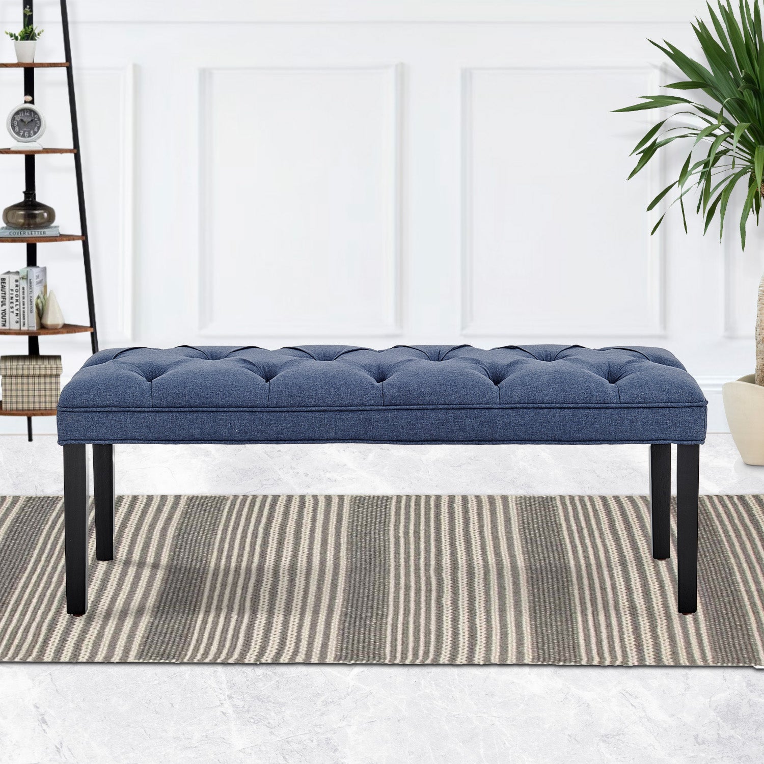 Mid-century Modern Button-tufted Linen Bench - Sarantino