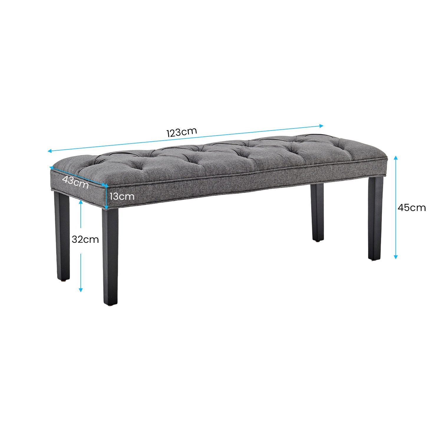 Dark Grey Linen Button-tufted Bench, Solid Wood Legs, 123cm