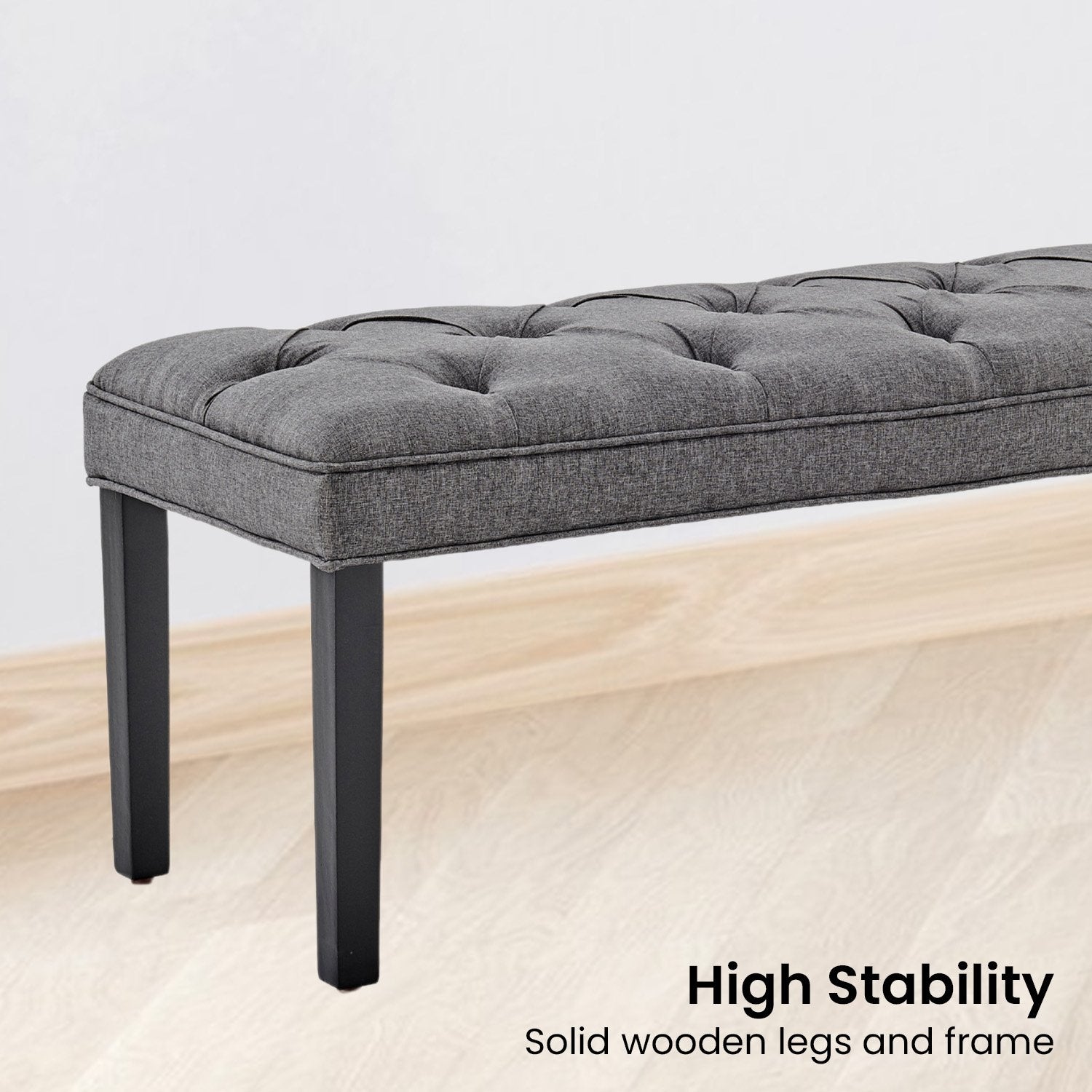 Dark Grey Linen Button-tufted Bench, Solid Wood Legs, 123cm