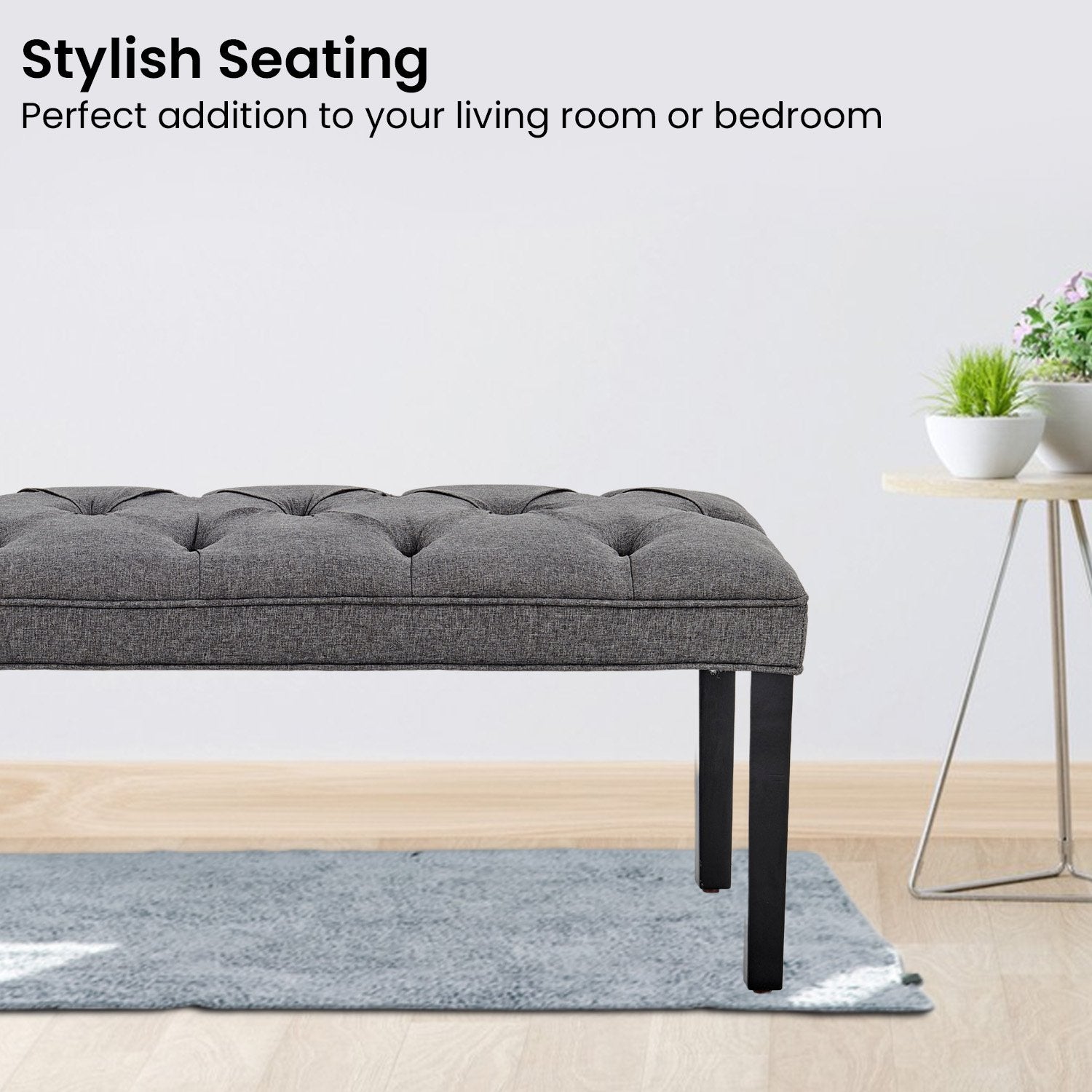 Dark Grey Linen Button-tufted Bench, Solid Wood Legs, 123cm