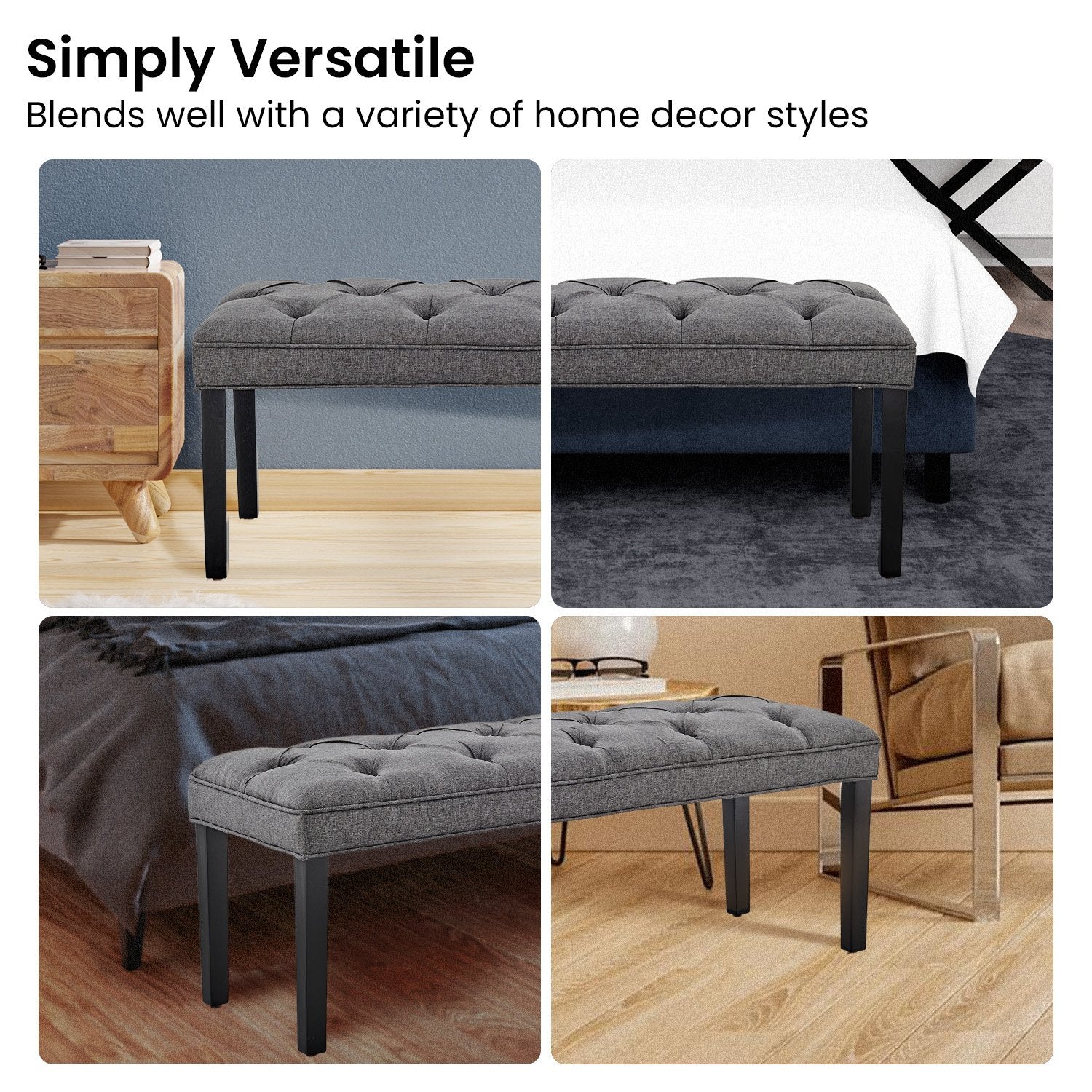 Dark Grey Linen Button-tufted Bench, Solid Wood Legs, 123cm