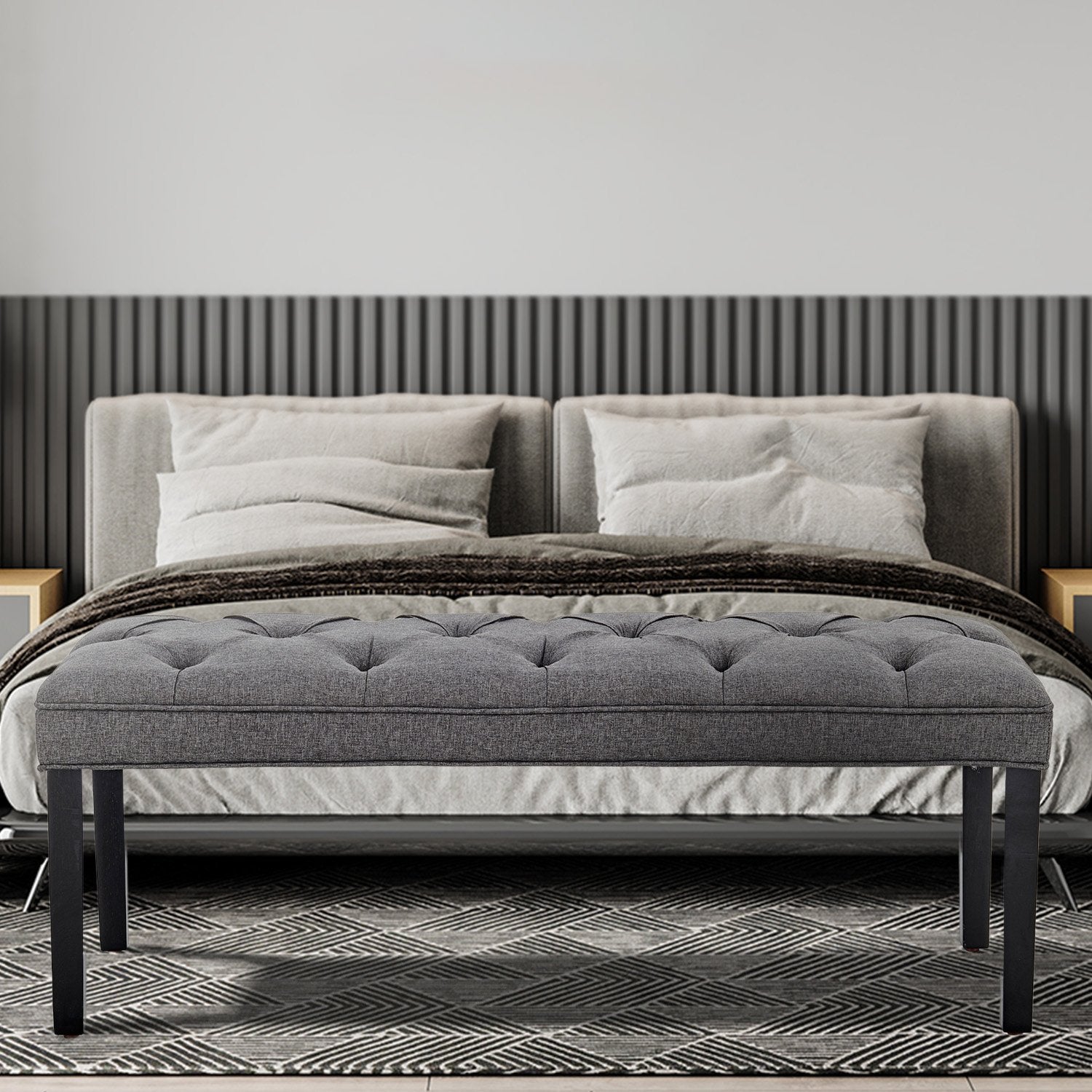 Dark Grey Linen Button-tufted Bench, Solid Wood Legs, 123cm