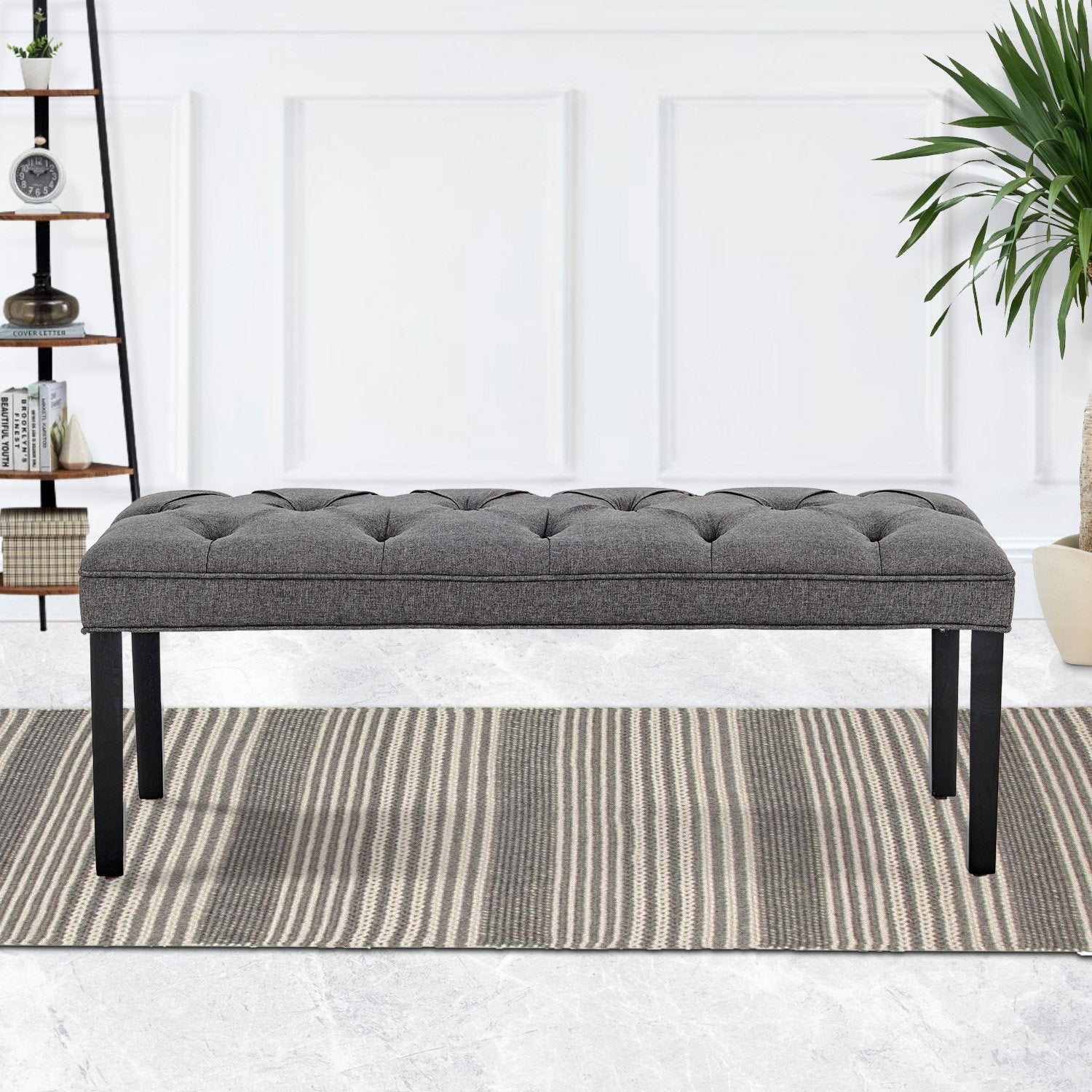 Dark Grey Linen Button-tufted Bench, Solid Wood Legs, 123cm