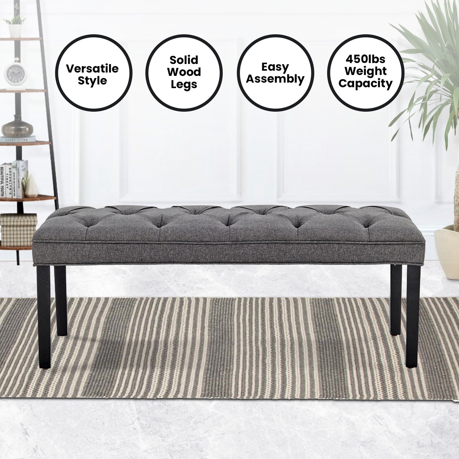 Dark Grey Linen Button-tufted Bench, Solid Wood Legs, 123cm