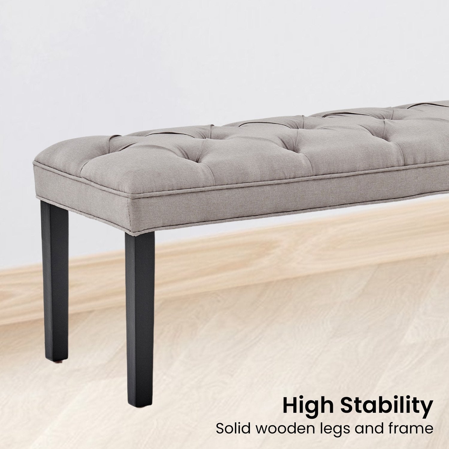 Light Grey Button-tufted Linen Bench with Wood Legs - Sarantino