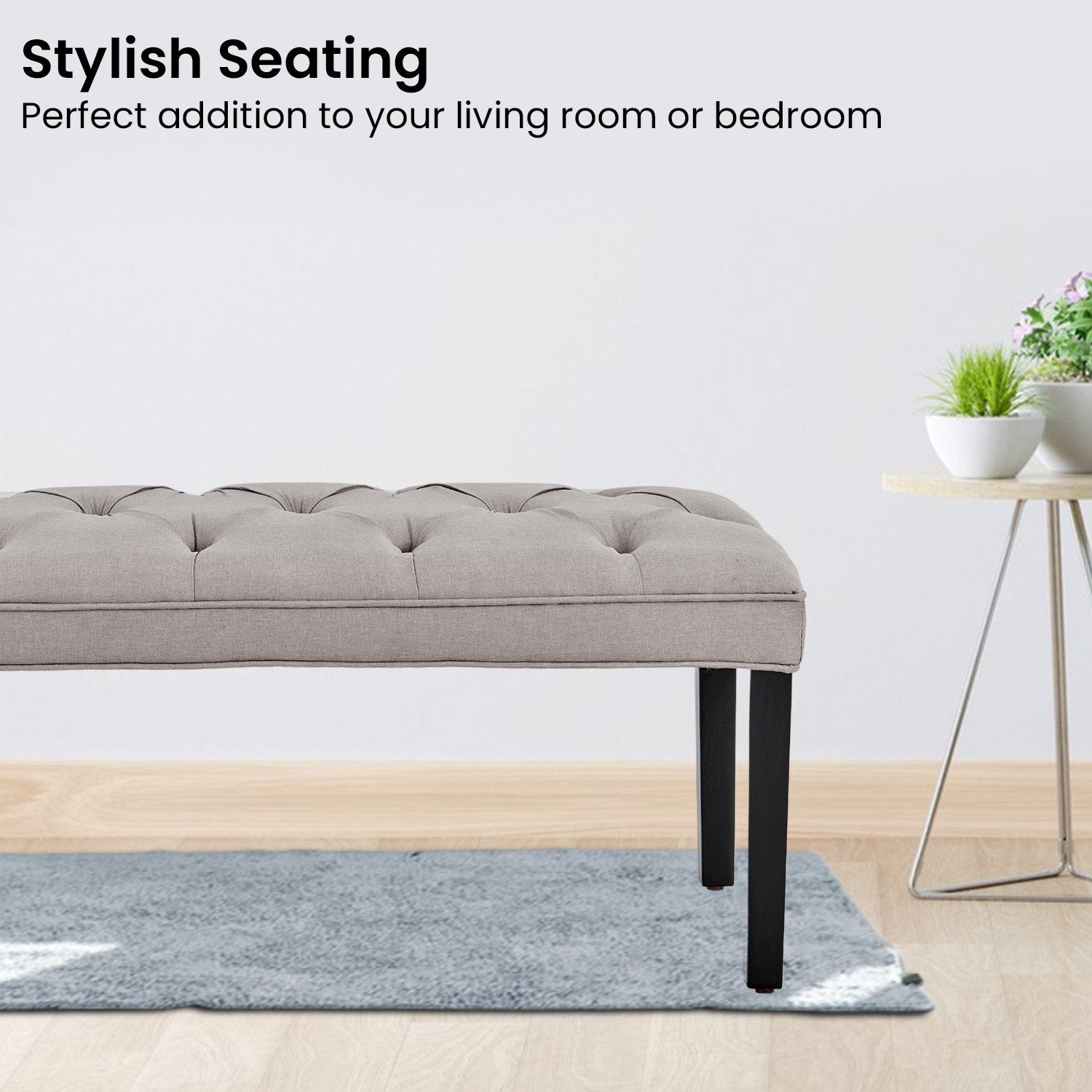 Light Grey Button-tufted Linen Bench with Wood Legs - Sarantino