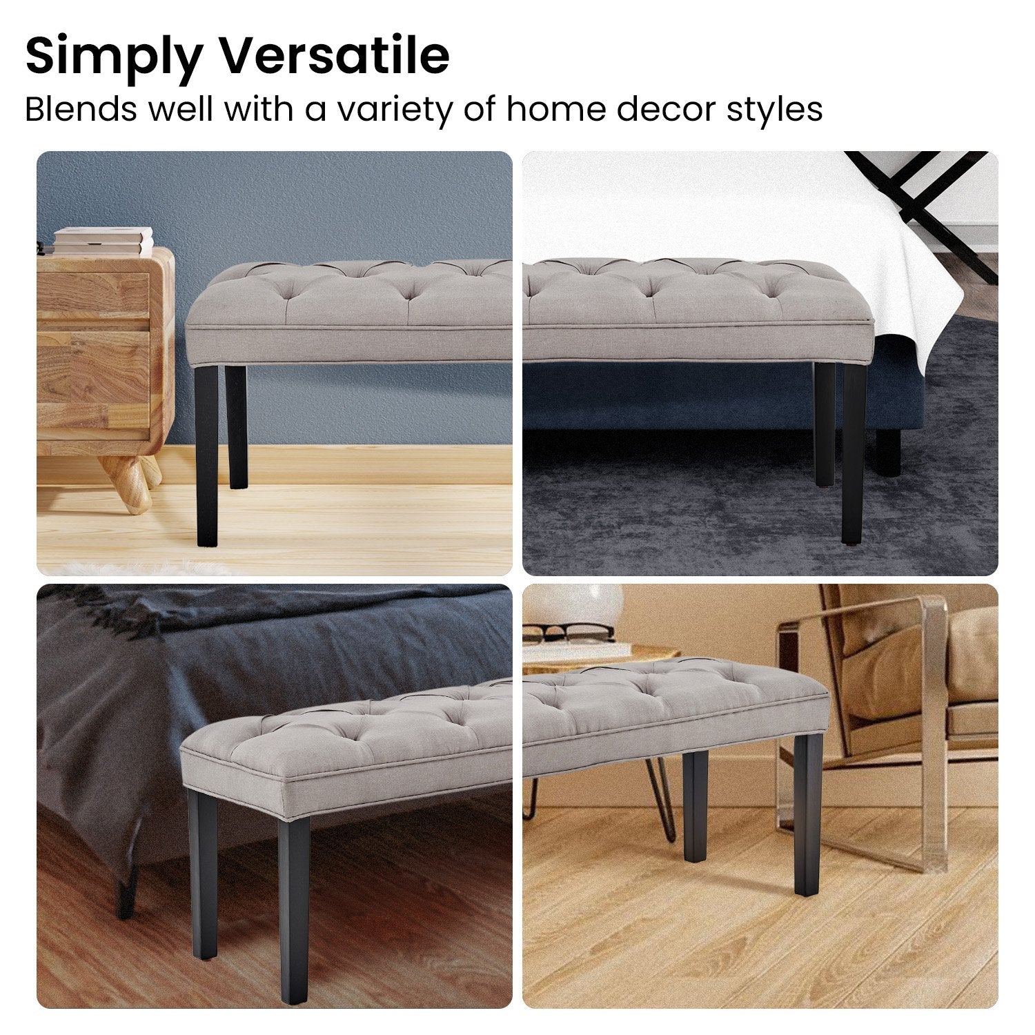 Light Grey Button-tufted Linen Bench with Wood Legs - Sarantino