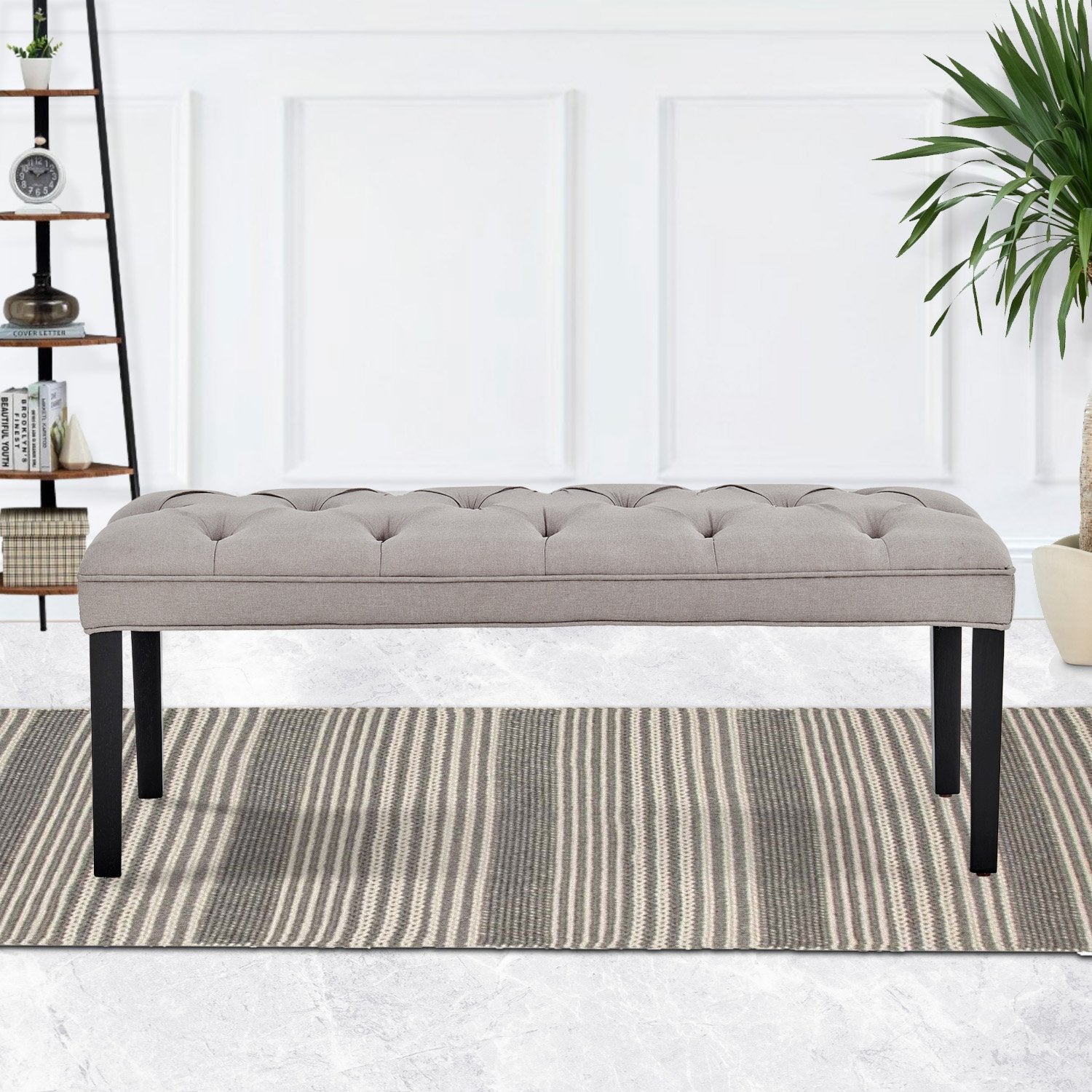 Light Grey Button-tufted Linen Bench with Wood Legs - Sarantino