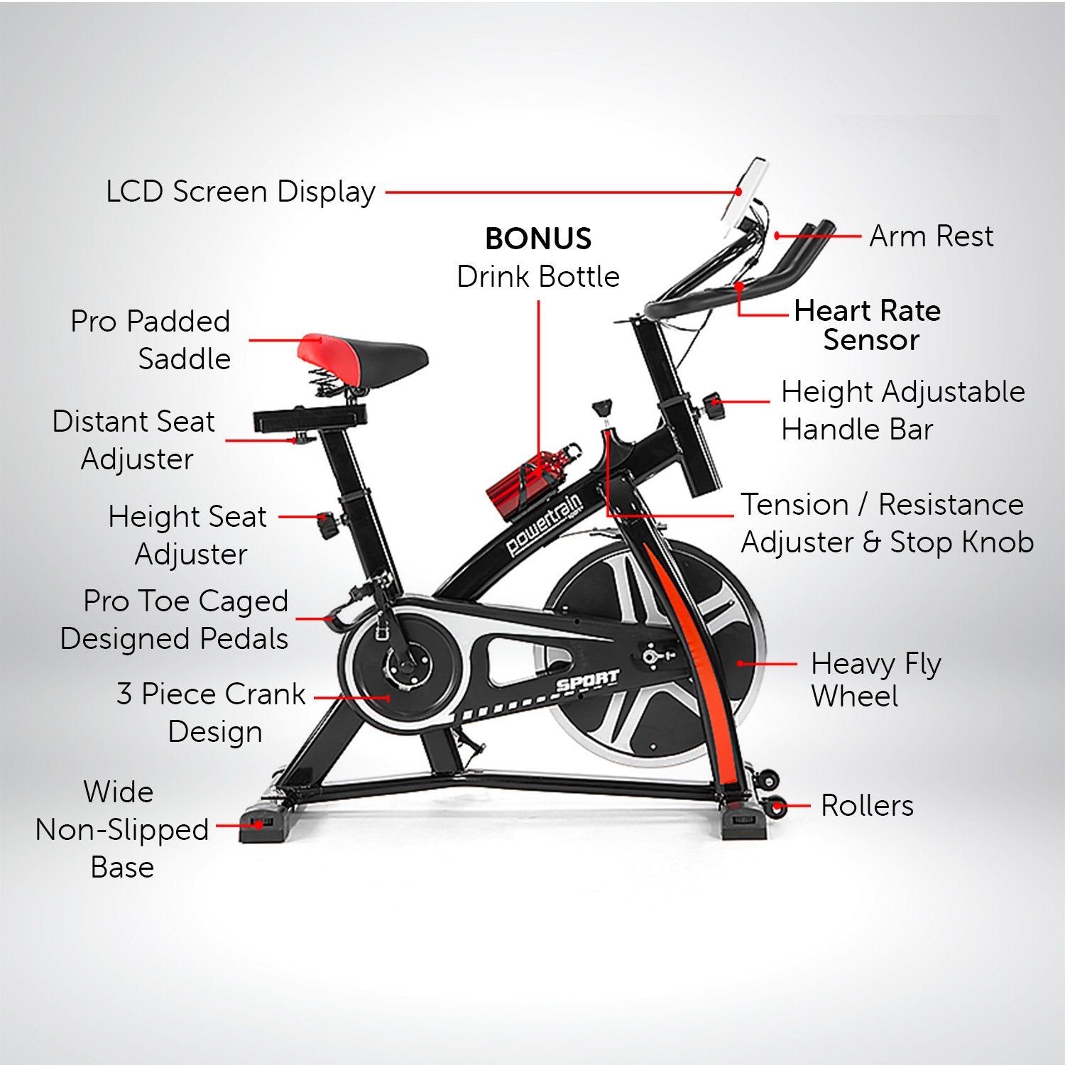 Heavy Flywheel Spin Bike w LCD, Non-Slip Handles - PowerTrain