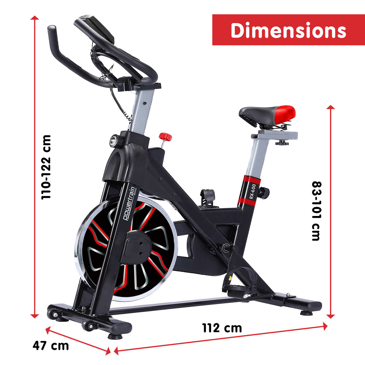 Adjustable Flywheel Spin Bike, LCD Monitor, Red - PowerTrain