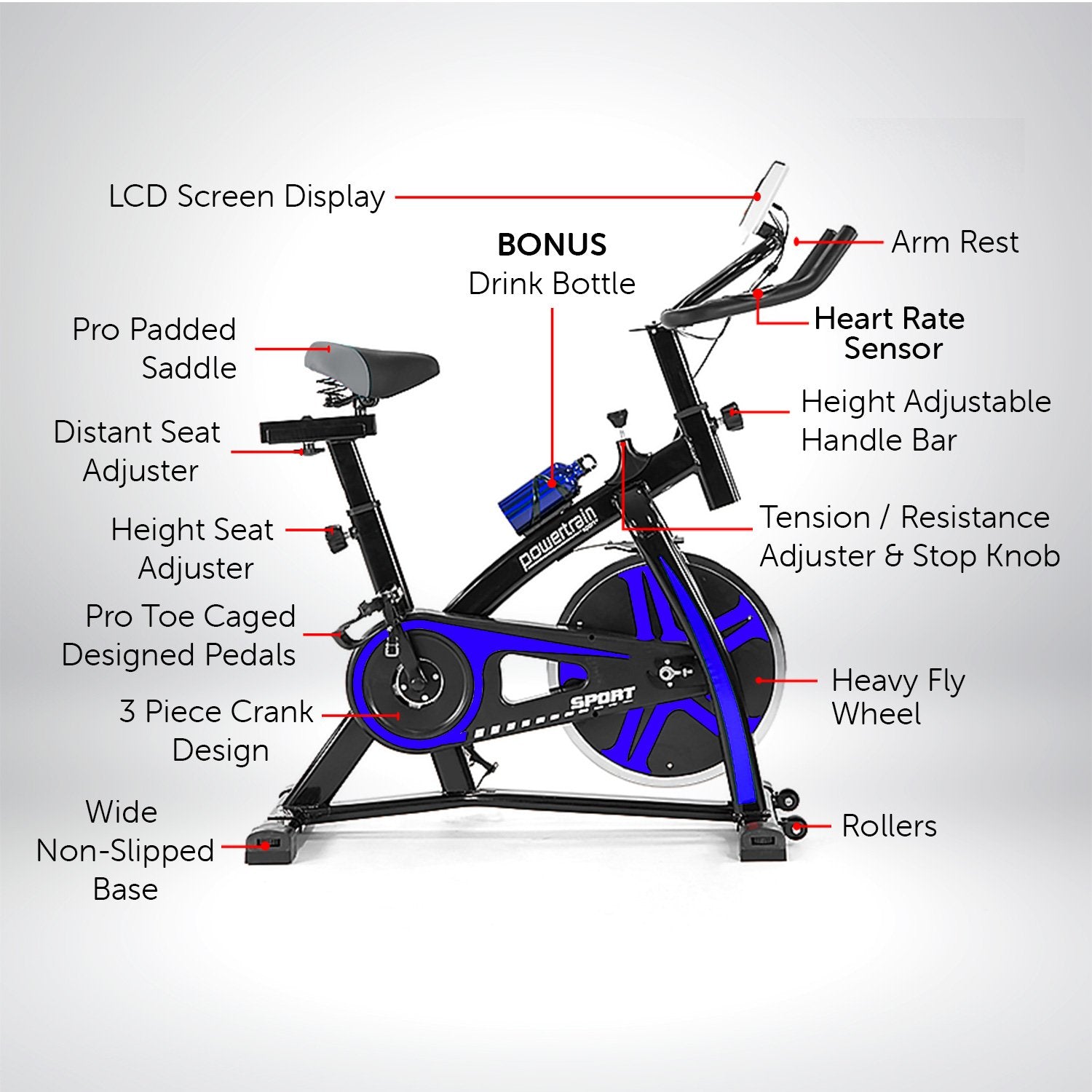 Heavy Flywheel Spin Bike, LCD Display, Adjustable Seat - PowerTrain