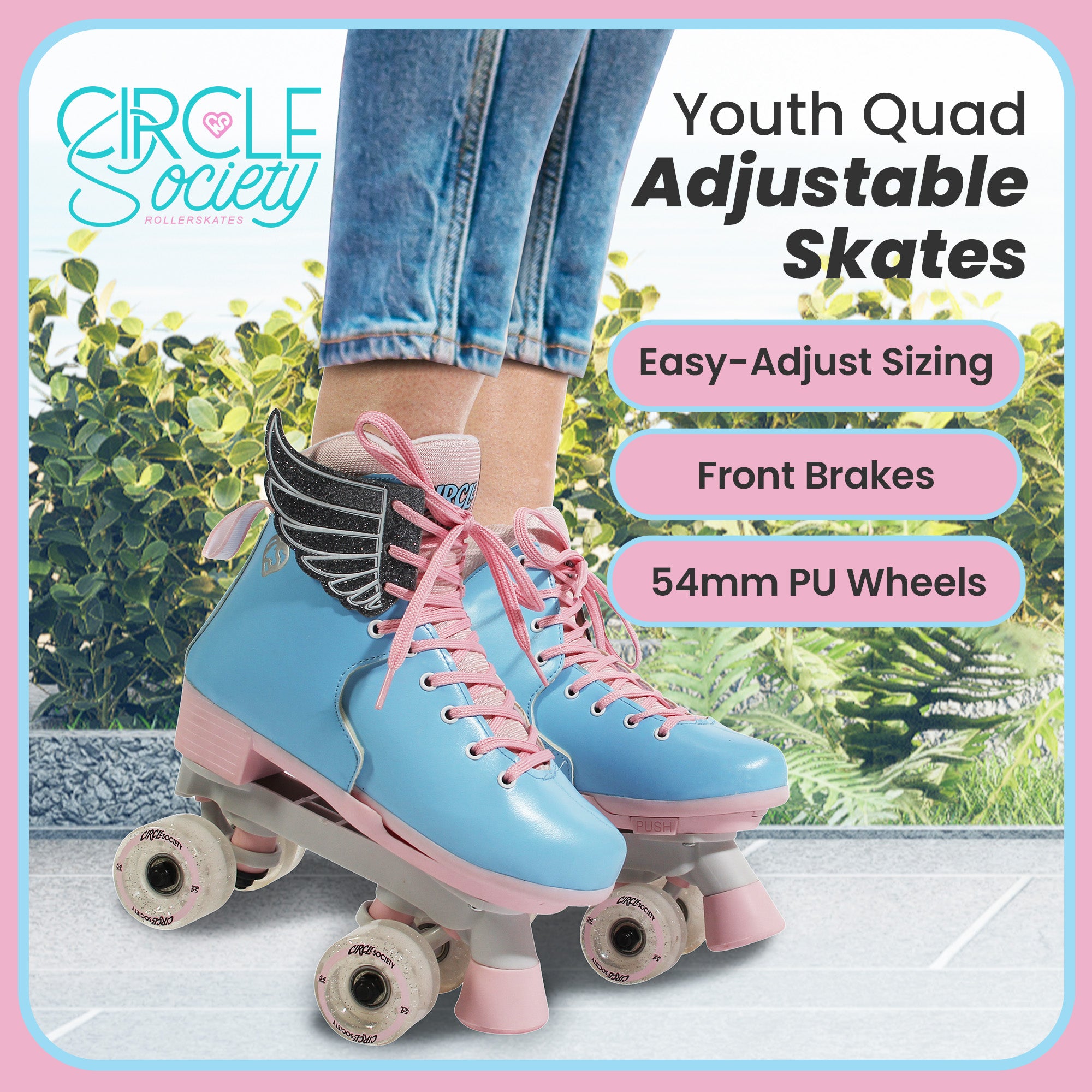 Adjustable Kids Quad Roller Skates, ABEC 7, Faux Leather - Circle Society