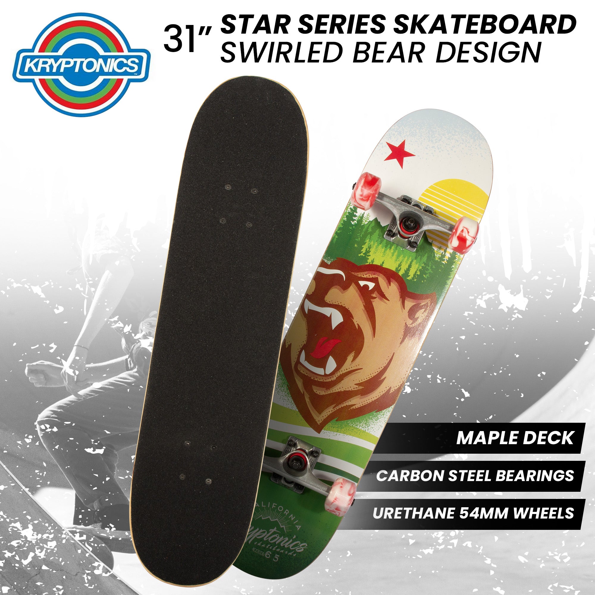 9 Ply Maple Deck Skateboard, Carbon Steel Bearings - Kryptonics