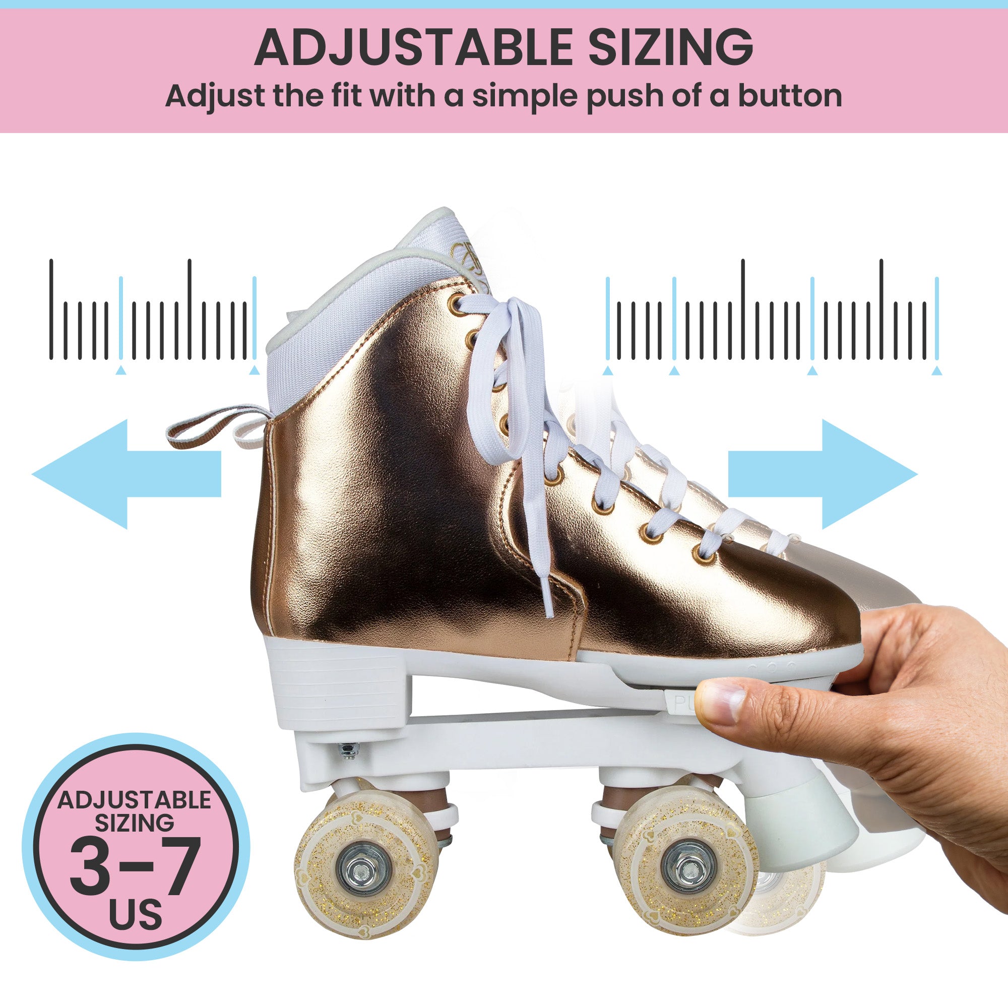 Adjustable Quad Kids Roller Skates, ABEC 7 Bearings, Metallic Rose Gold - Circle Society