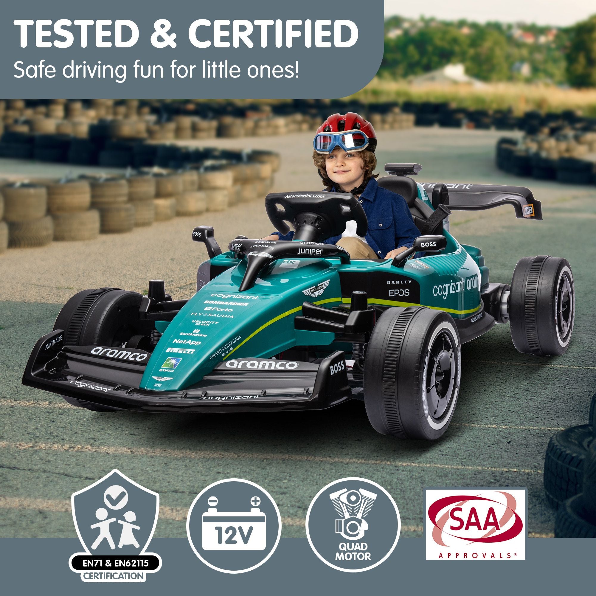 Kahuna Aston Martin Aramco F1 Licensed Electric Kids Ride On Race Car